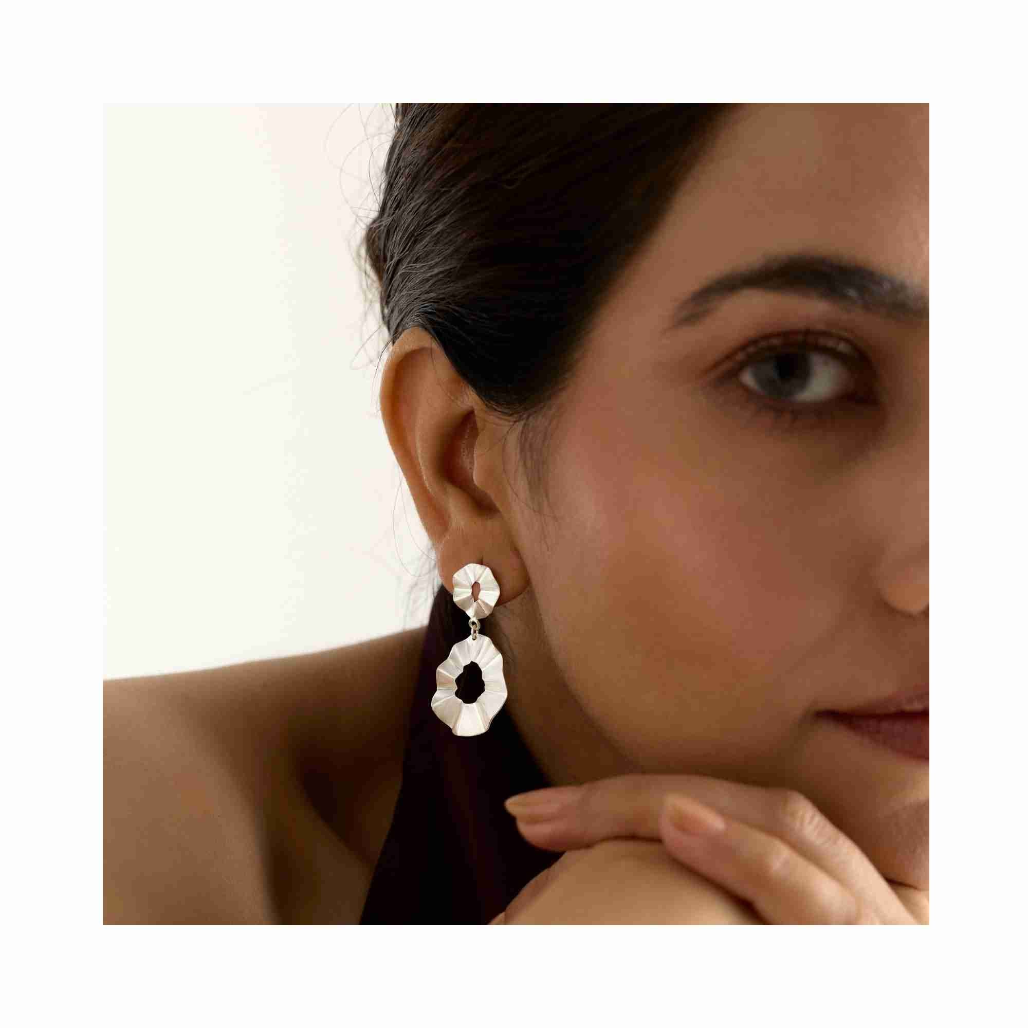 Ribbons & Lace Ruffle Fold Drop Statement Earrings Silver