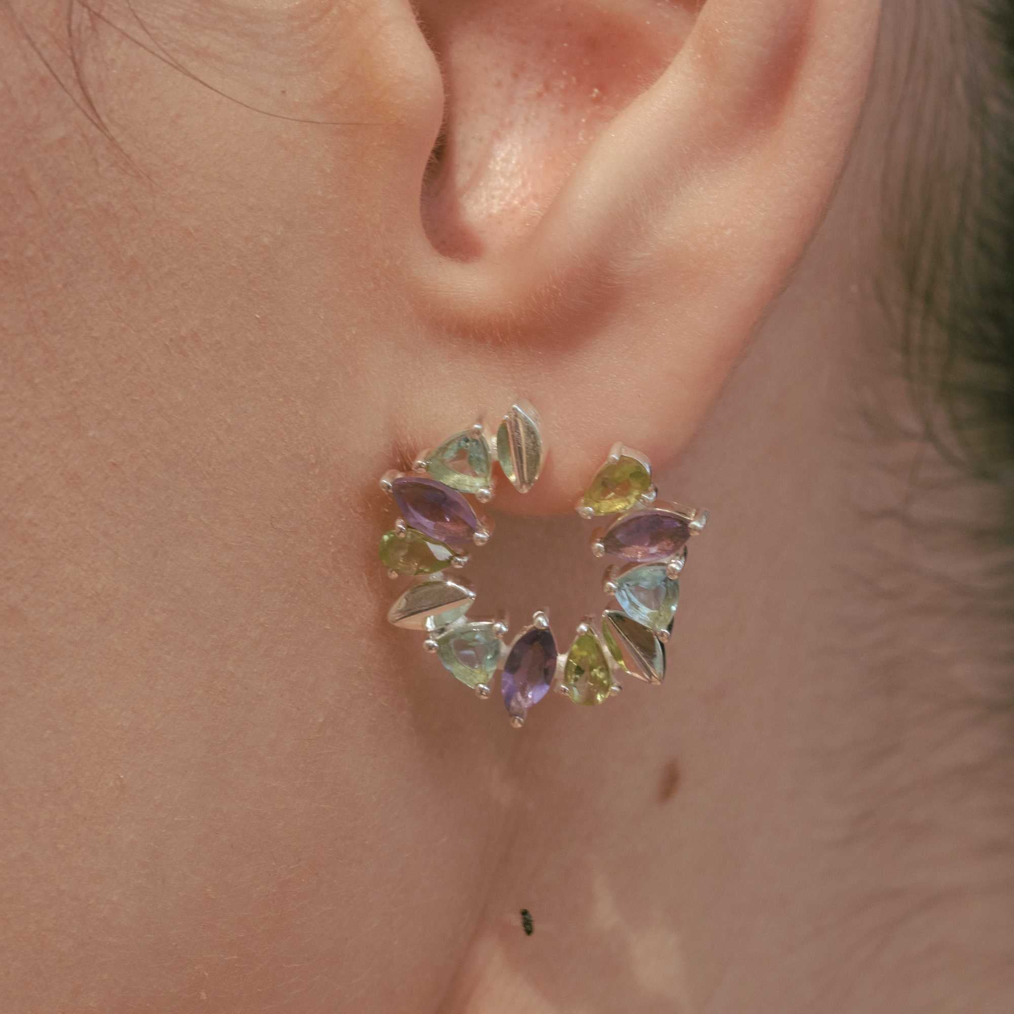 Kaleidoscope Arc Blue Topaz, Labradorite and Peridot Statement Earrings Gold