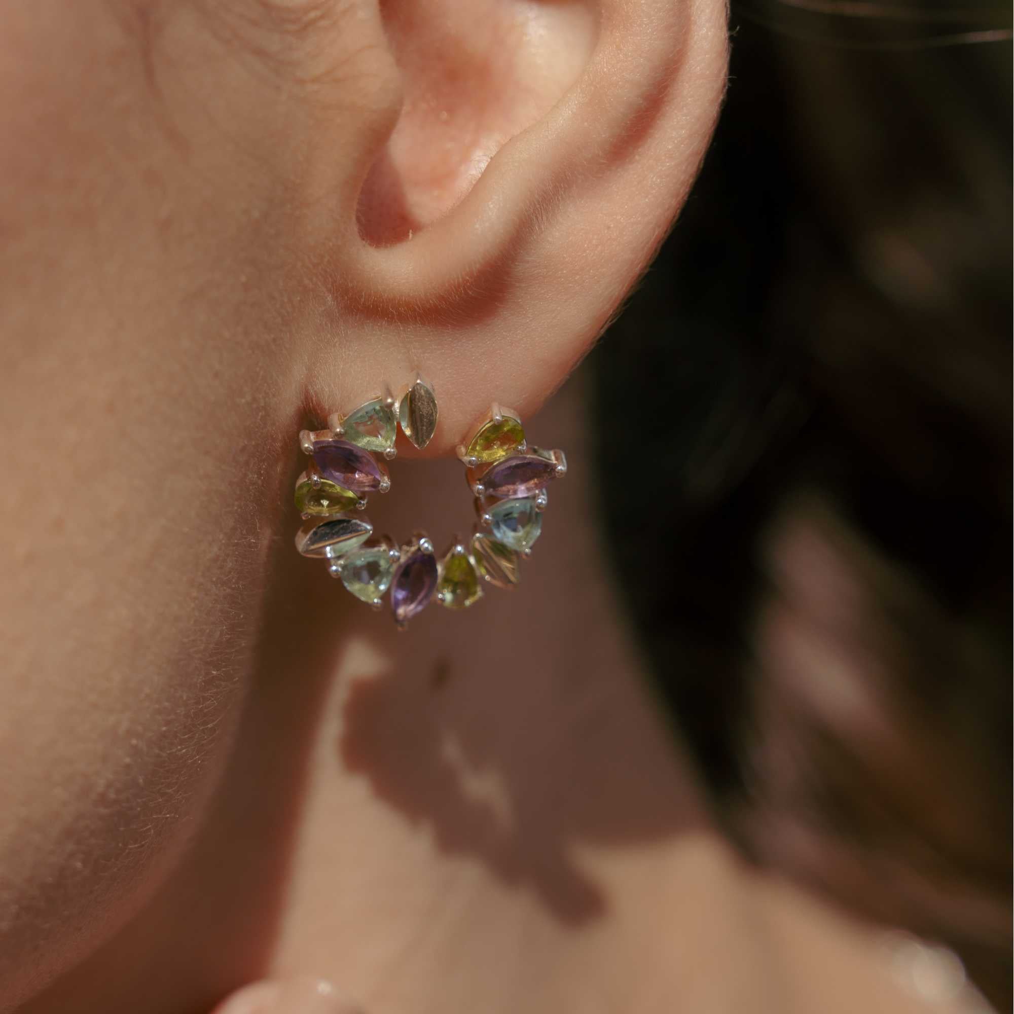 Kaleidoscope Arc Peach Moonstone, Amazonite and Rainbow Moonstone Statement Earrings Gold