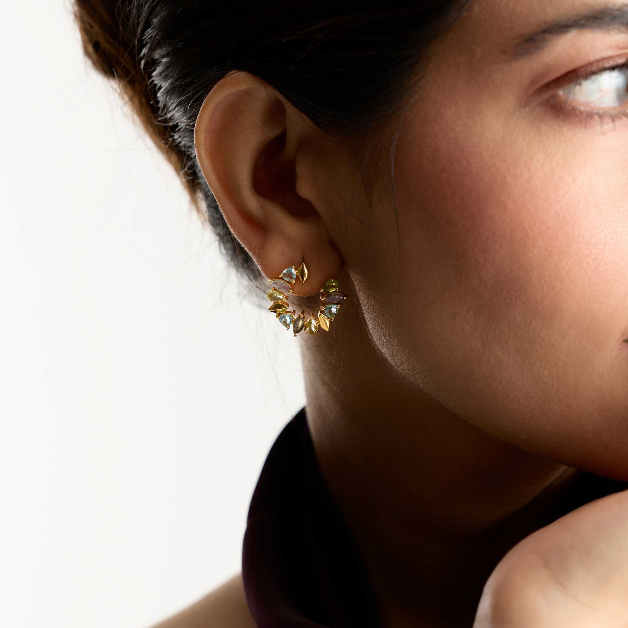 Kaleidoscope Arc Blue Topaz, Amethyst and Citrine Statement Earrings Gold