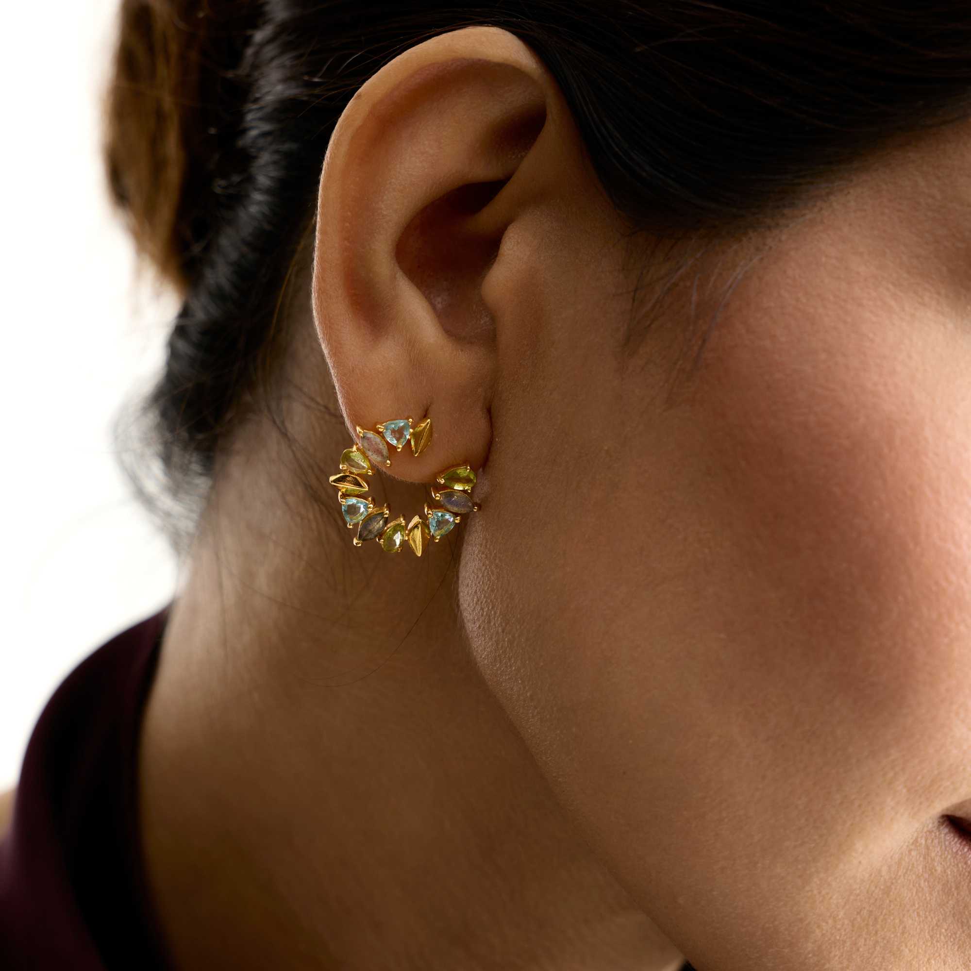 Kaleidoscope Arc Blue Topaz, Amethyst and Citrine Statement Earrings Gold