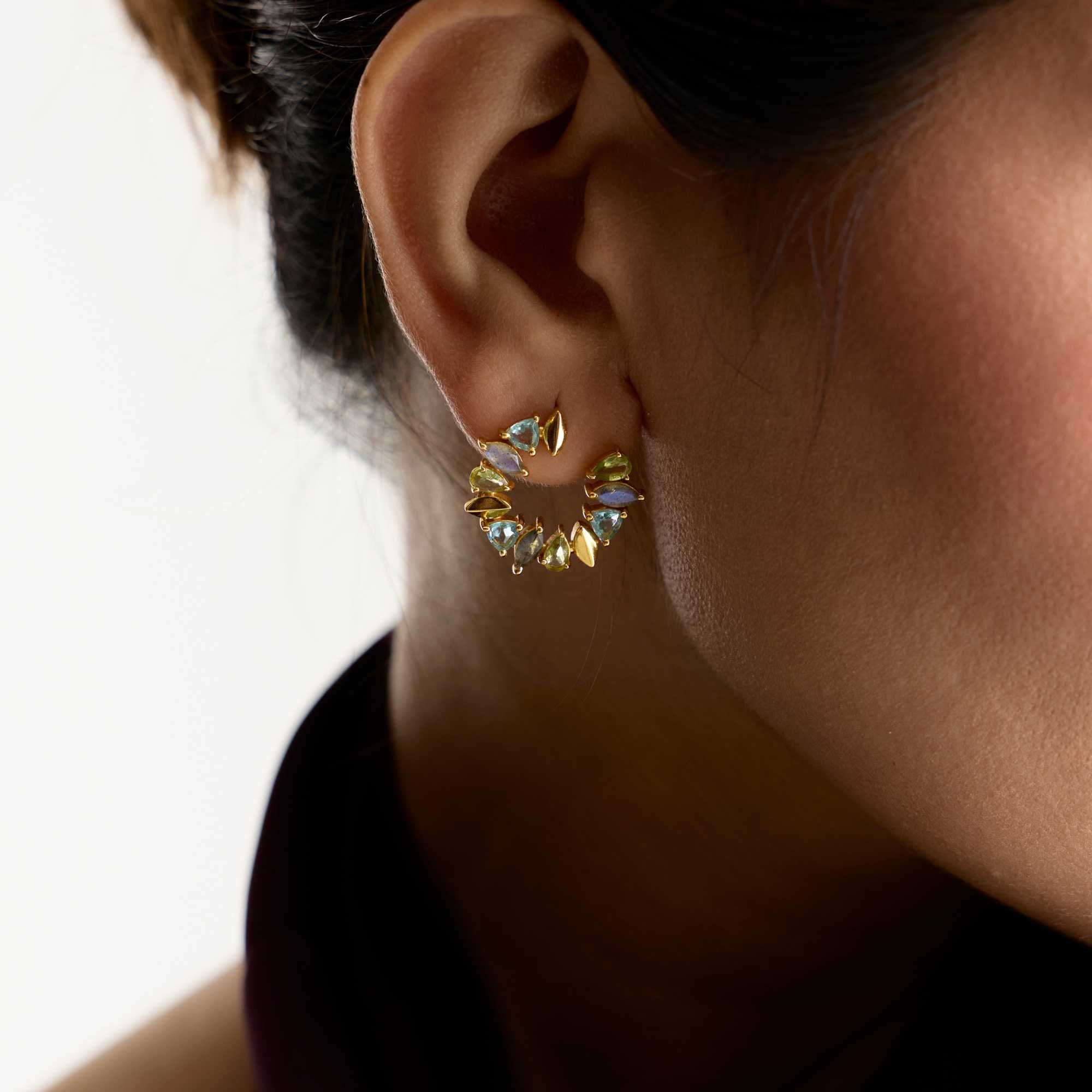 Kaleidoscope Arc Blue Topaz, Amethyst and Citrine Statement Earrings Gold
