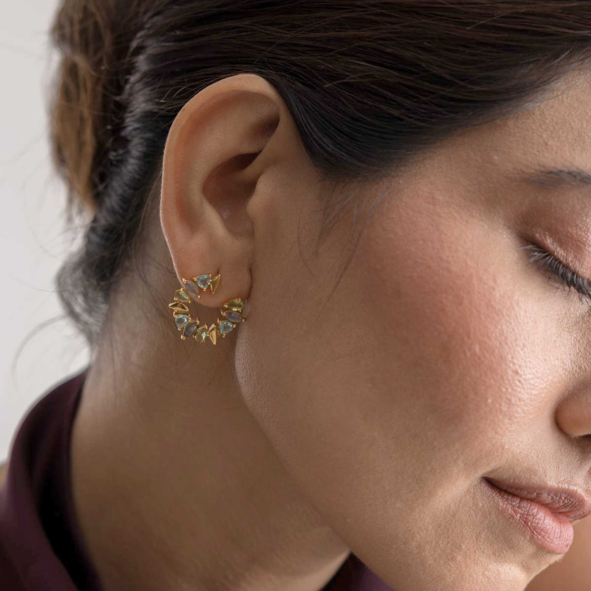 Kaleidoscope Arc Blue Topaz, Amethyst and Citrine Statement Earrings Gold