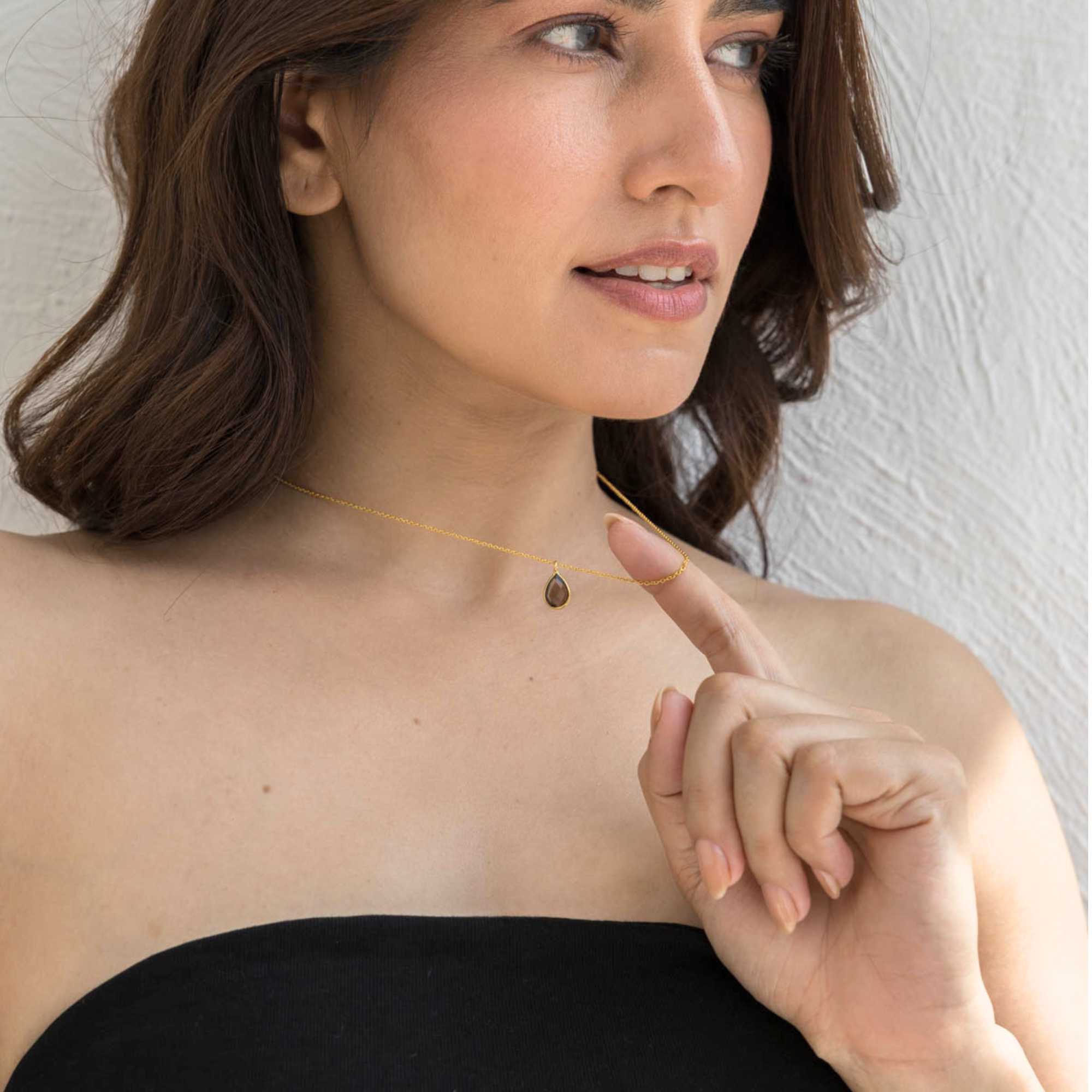 Collier Pendentif Goutte Dew Drops Quartz Fumé Or