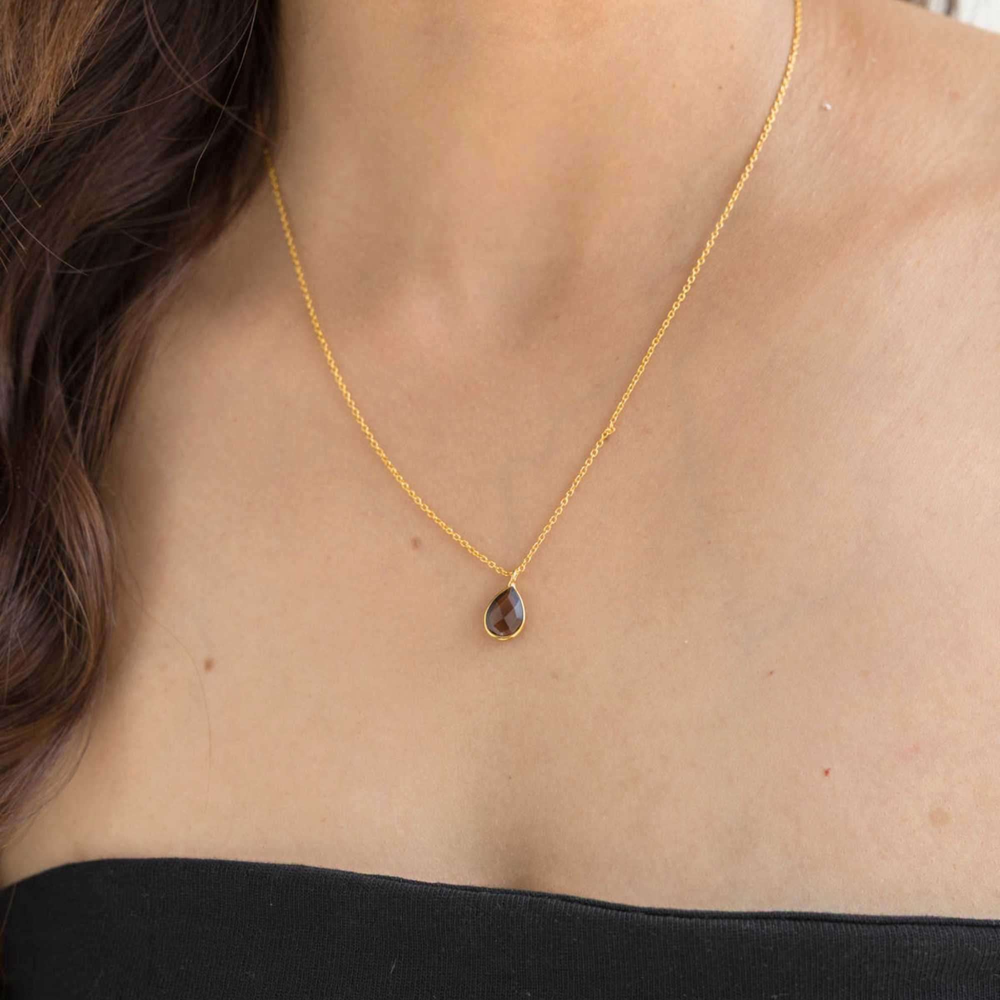 Collier Pendentif Goutte Dew Drops Quartz Fumé Or