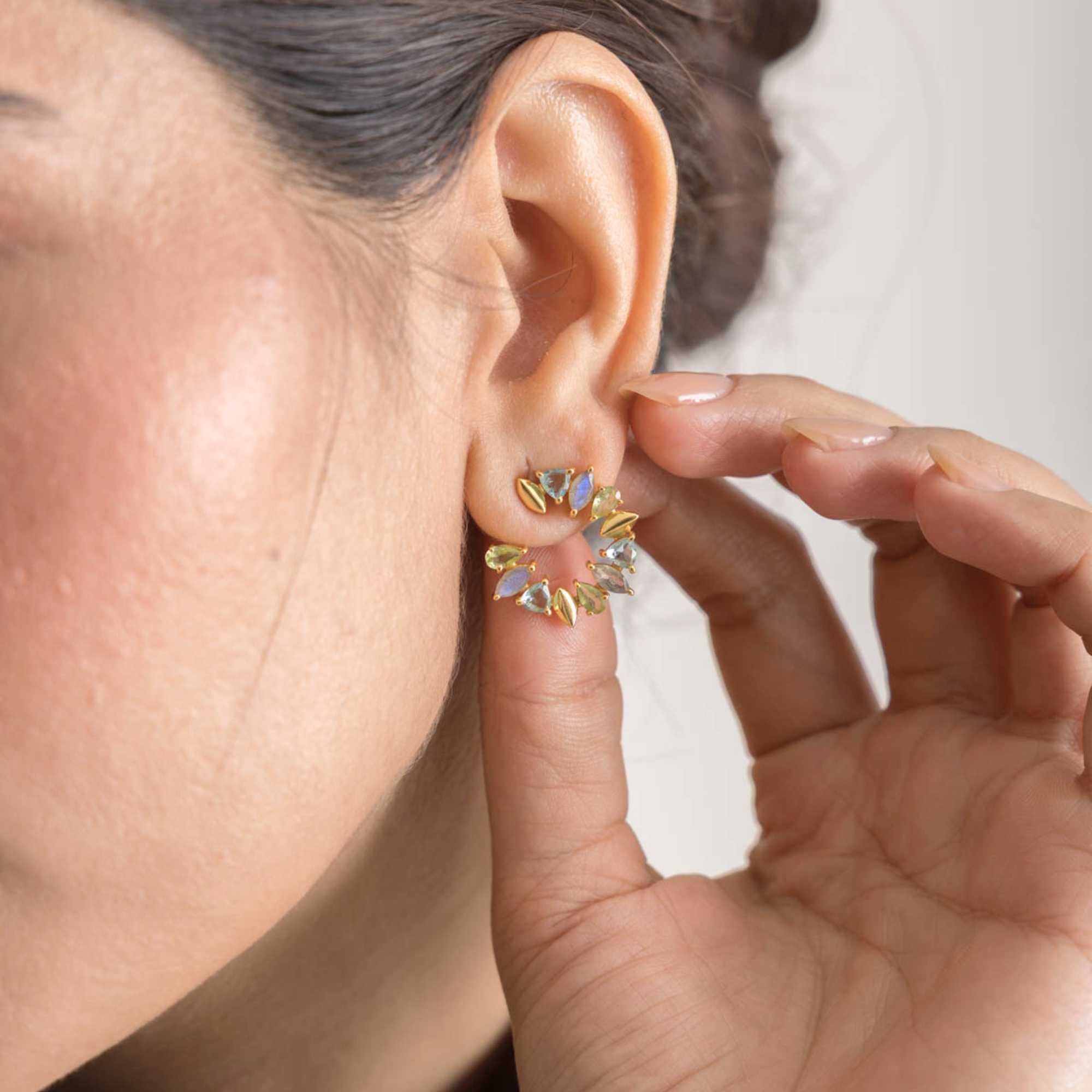 Kaleidoscope Arc Blue Topaz, Amethyst and Citrine Statement Earrings Gold