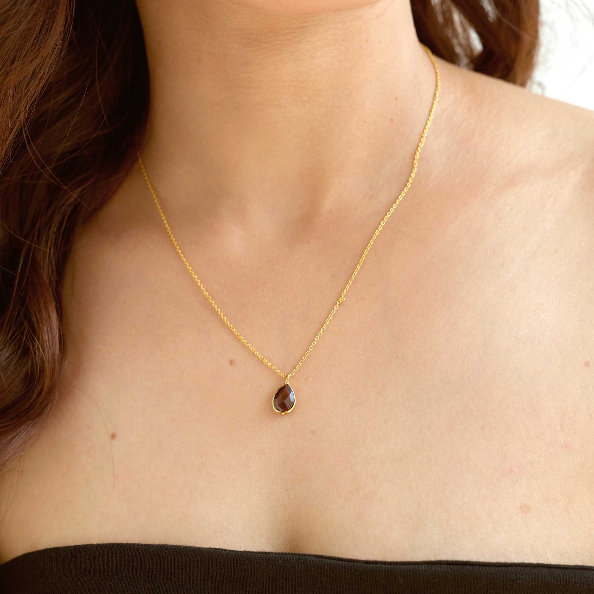 Collier Pendentif Goutte Dew Drops Quartz Fumé Or