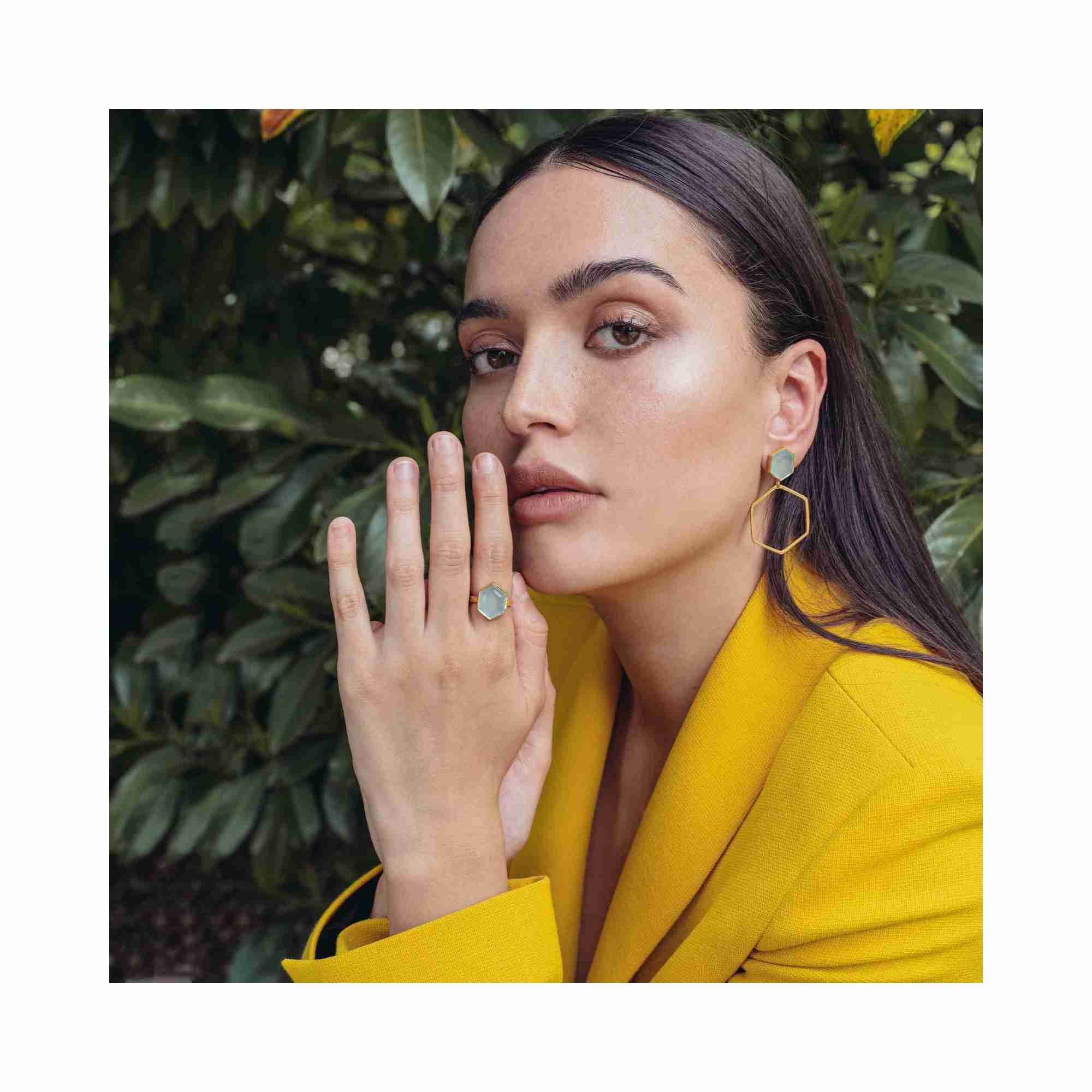 Geo Glam Hexagonal Statement Earrings Gold — close-up of gemstone in large open hexagonal setting in 22K gold vermeil by Protsaah Zurich.