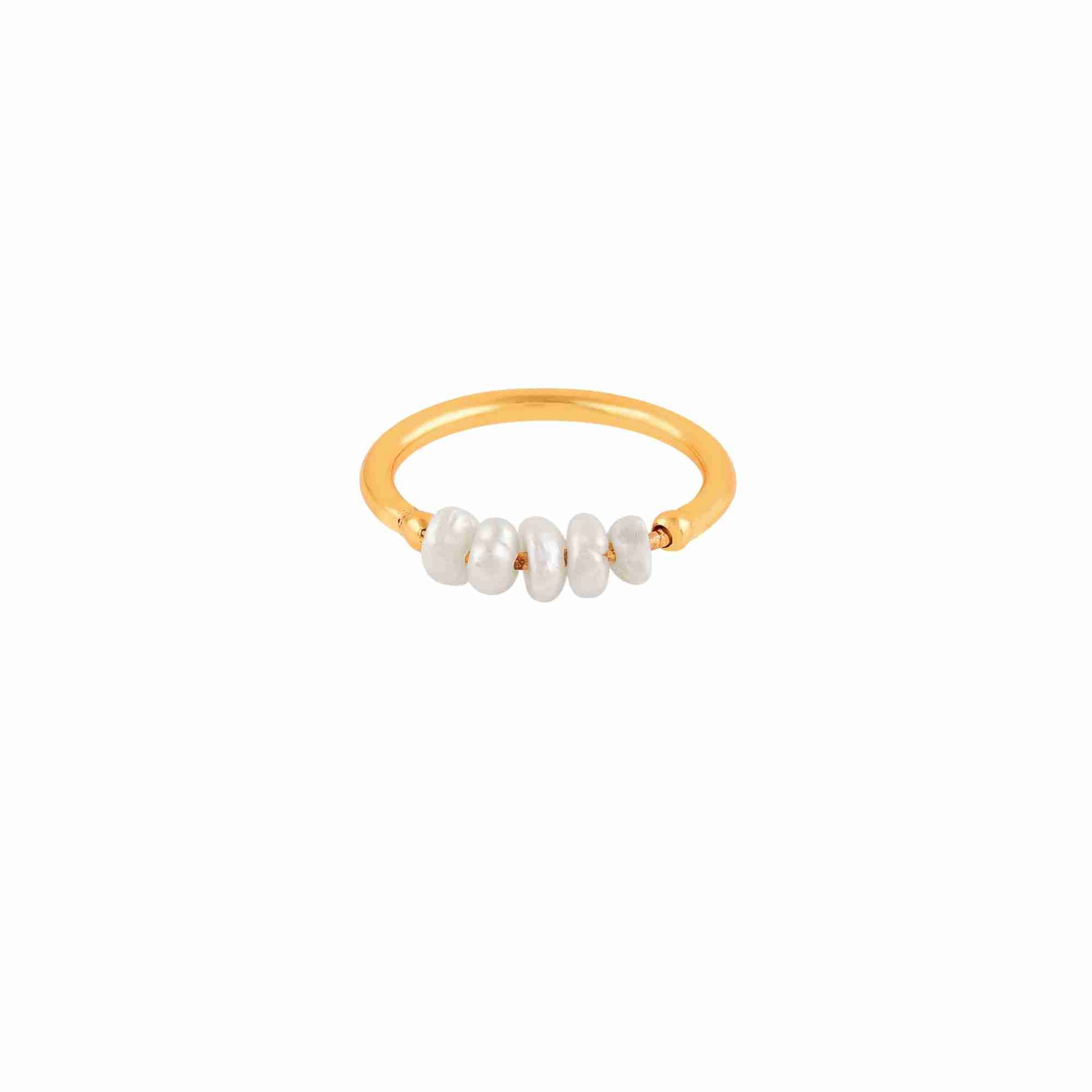 PEARLS GALORE Gold Pearl Ring; horizontal bar featuring white seed pearls on a delicate gold vermeil band, handcrafted by Protsaah Zurich.