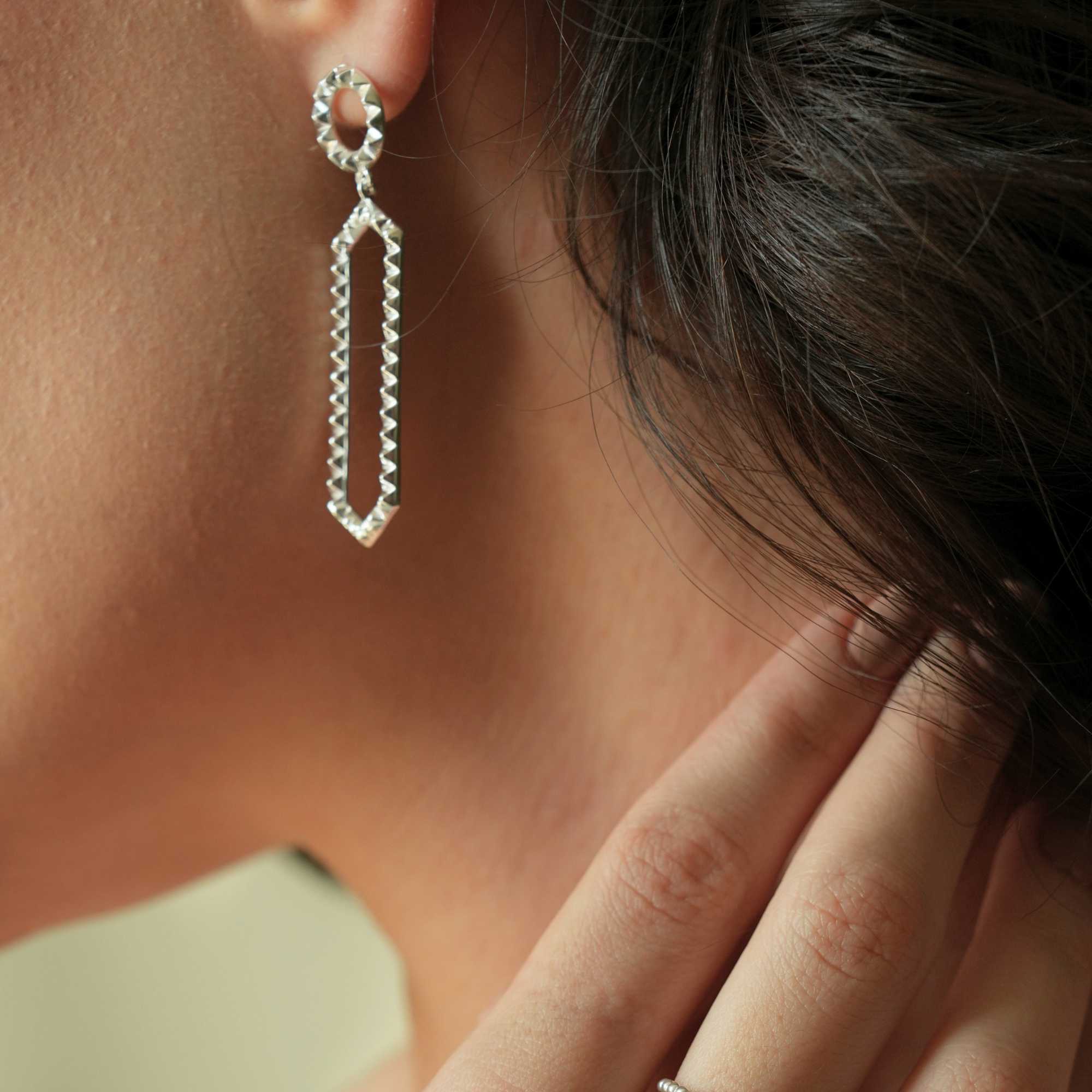 Pinnacle Studded Hexagon Drop Earrings Silver