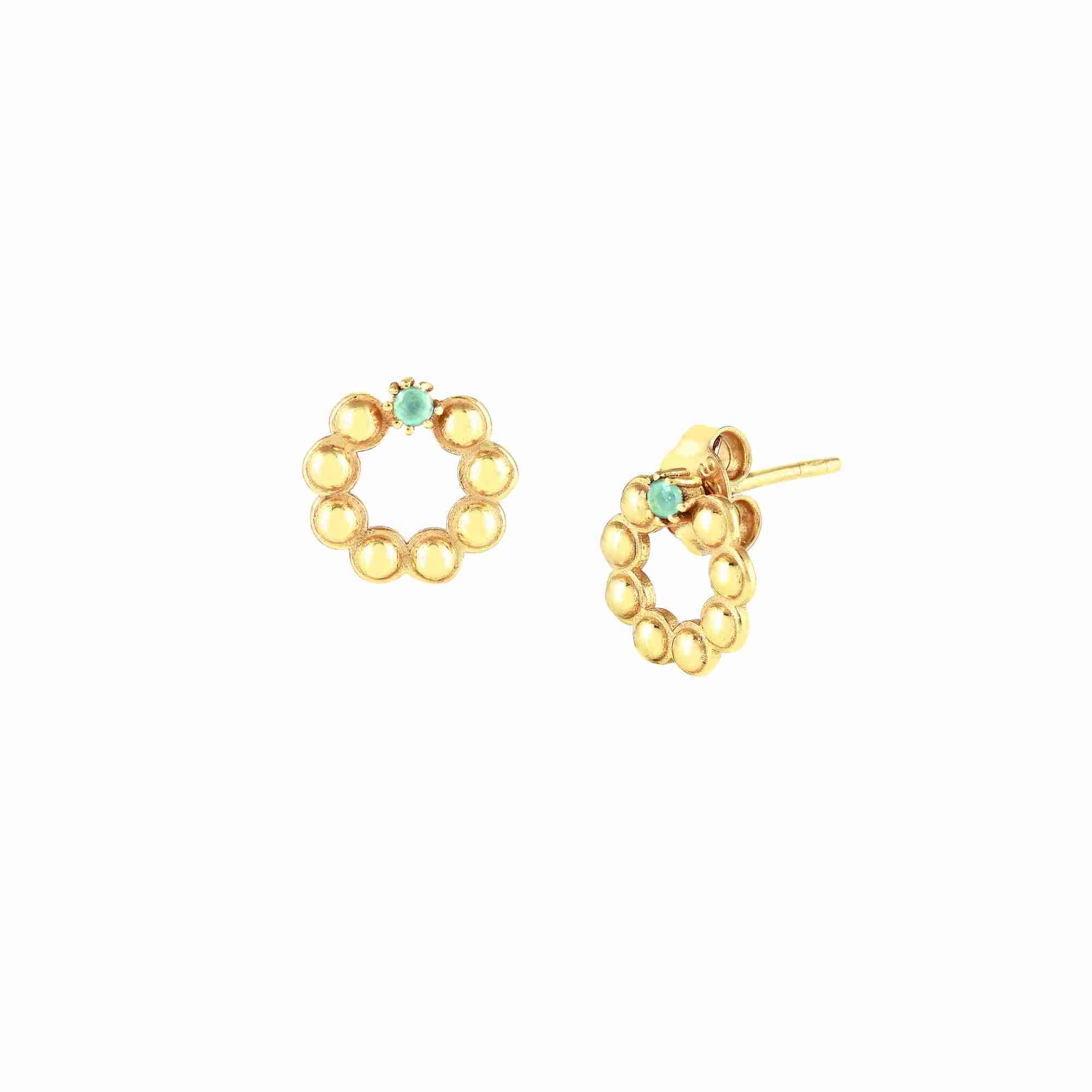 Product picture displaying a front and three-quarter angle studio view of the Delicate Vintage Aqua Chalcedony Dotted Circle Stud Earrings Gold against a plain white background, referencing file name ER-ST-044-AU-AC.jpg. The pair showcases a pair of open geometric circle earrings formed by a continuous texture of polished, dotted bubble beads in 22K gold vermeil, each crowned with a tiny, round cabochon natural mint-blue Aqua Chalcedony gemstone by Protsaah Zurich.