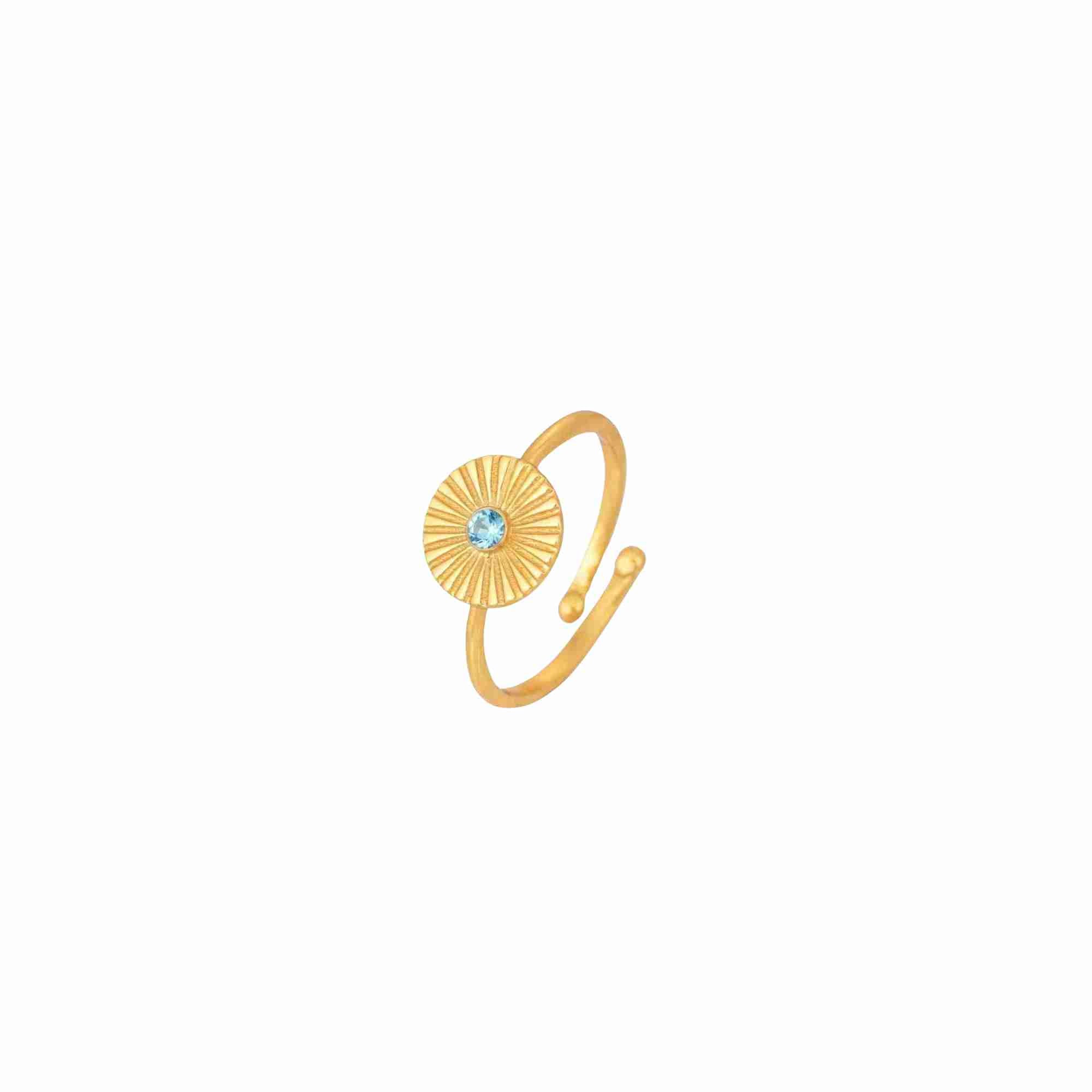Delicate Vintage Blue Topaz Fluted Disc Ring Gold — an adjustable gold plated 925 Silver bypass ring featuring a radially etched sunray disc centered with a round blue topaz stone by Protsaah Zurich.