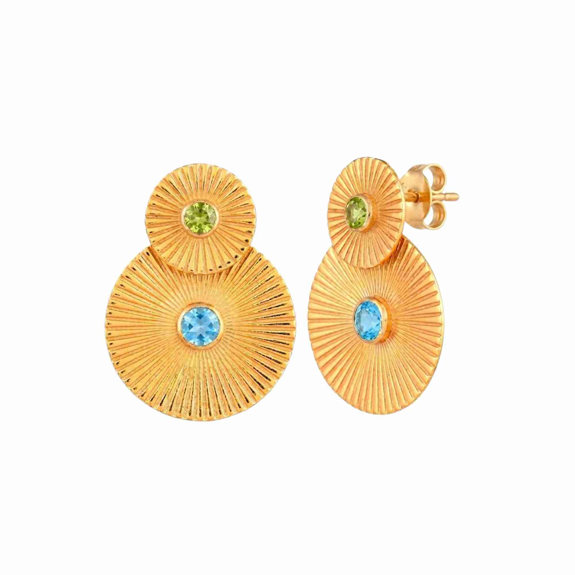 Delicate Vintage Blue Topaz & Peridot Double Sunray Statement Earrings Gold with textured sunray discs and gemstone centre detailing.