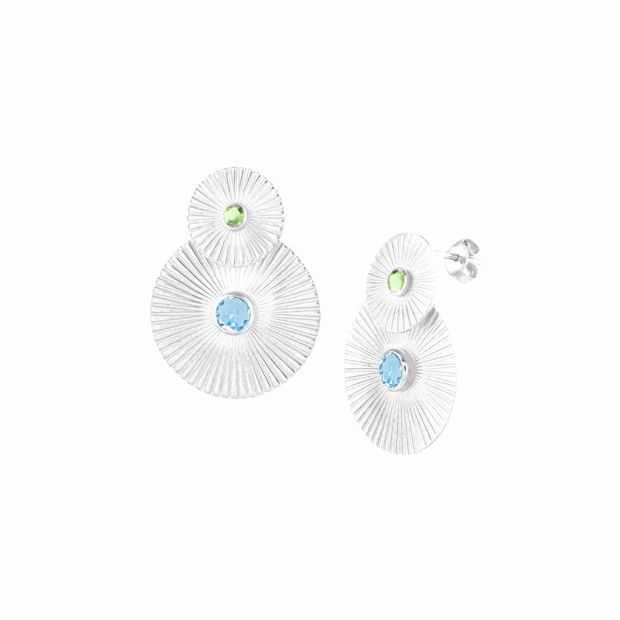 Delicate Vintage Blue Topaz & Peridot Double Sunray Statement Earrings Silver with textured sunray discs and gemstone centre detailing.