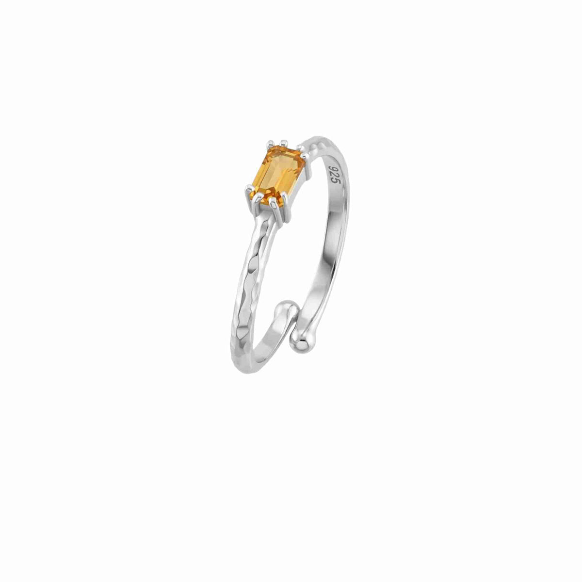 Delicate Vintage Citrine Baguette Ring Silver — open adjustable wrap ring with hammered band and prong-set baguette-cut Citrine in high-polish silver finish — Protsaah.