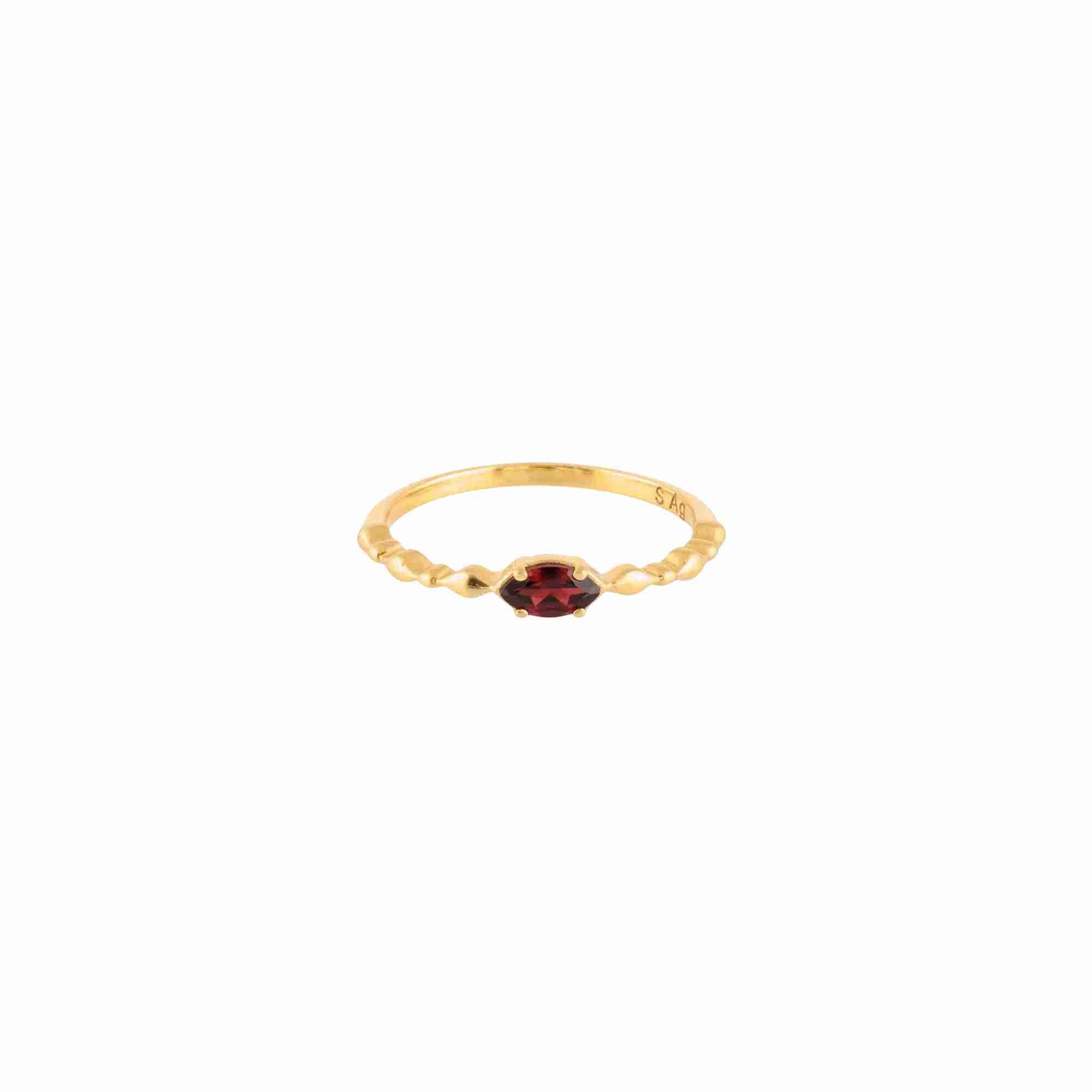 Delicate Vintage Dainty Marquise Garnet Ring Gold featuring a marquise-cut garnet gemstone on a delicate textured band.