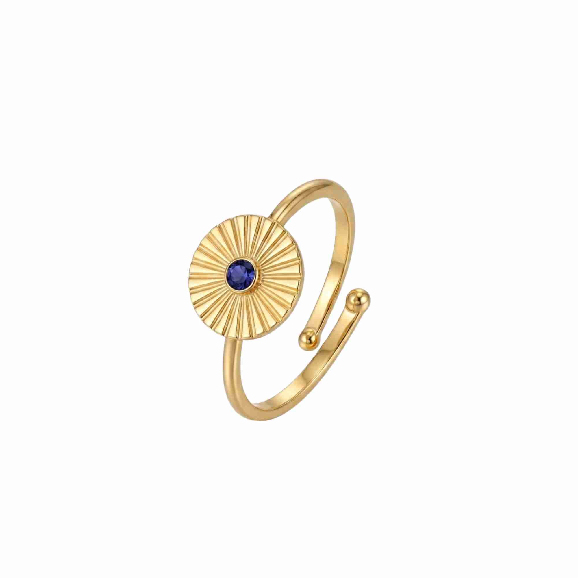 Studio product shot of the Delicate Vintage Fluted Disc Ring in Gold by Protsaah Zurich against a clean white background, showcasing the ring from an angled profile to highlight the fluted coin setting, natural round gemstone, and adjustable bypass architecture.