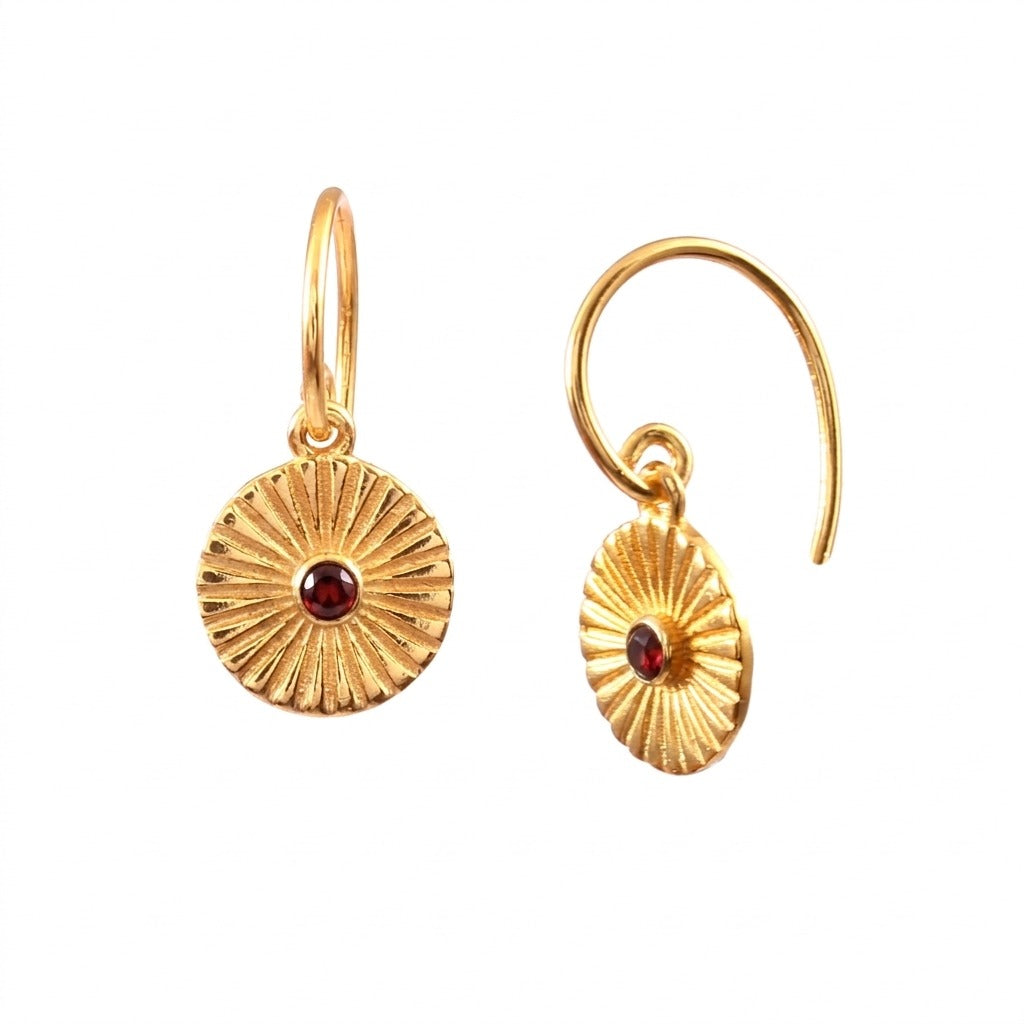 Delicate Vintage Fluted Medallion Stone Drop Earrings Gold Garnet — textured gold sunburst coin earrings with deep red garnet center stones.