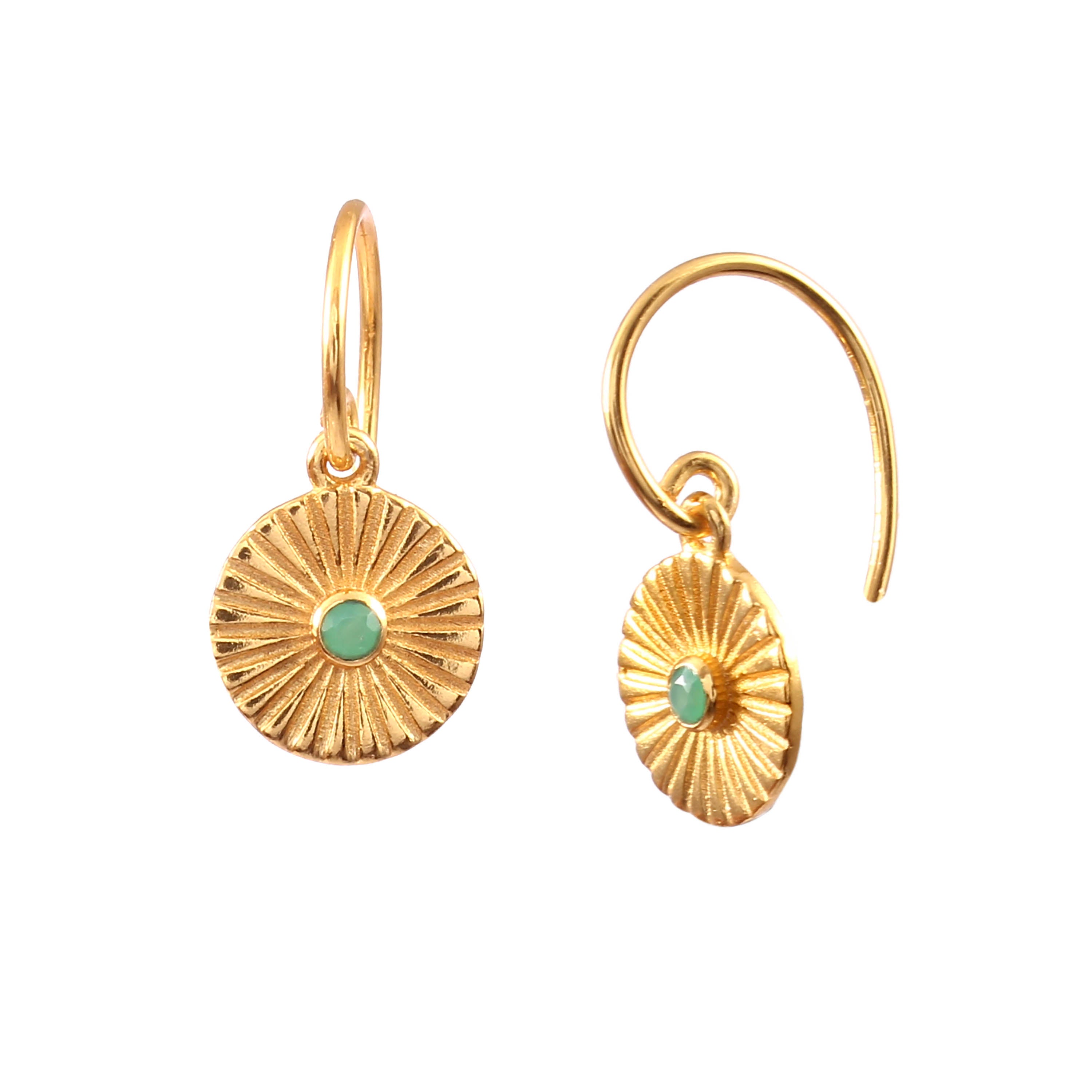 Delicate Vintage Fluted Medallion Stone Drop Earrings Gold Nephrite — textured gold sunburst coin earrings with deep green nephrite jade center stones.