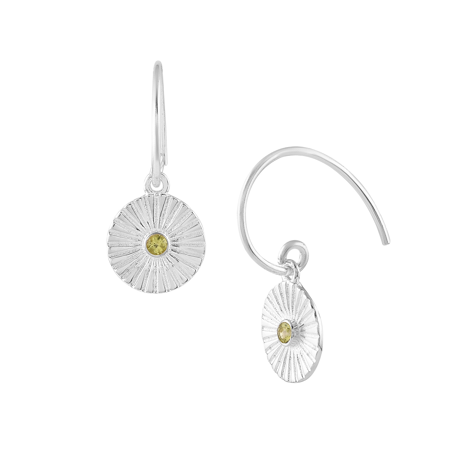 Delicate Vintage Fluted Medallion Stone Drop Earrings Silver Peridot — textured silver sunburst coin earrings with green peridot center stones.