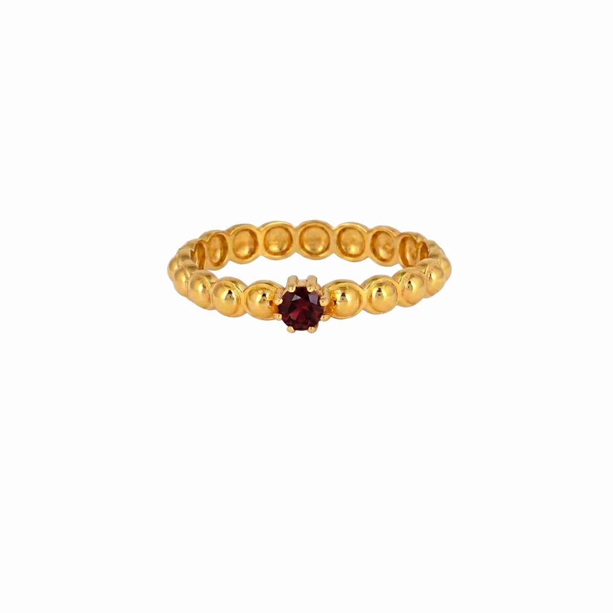 Delicate Vintage Garnet Dotted Circle Ring Gold — continuous gold beaded bubble band ring with a prong-set round Garnet solitaire in 22K gold finish — Protsaah.