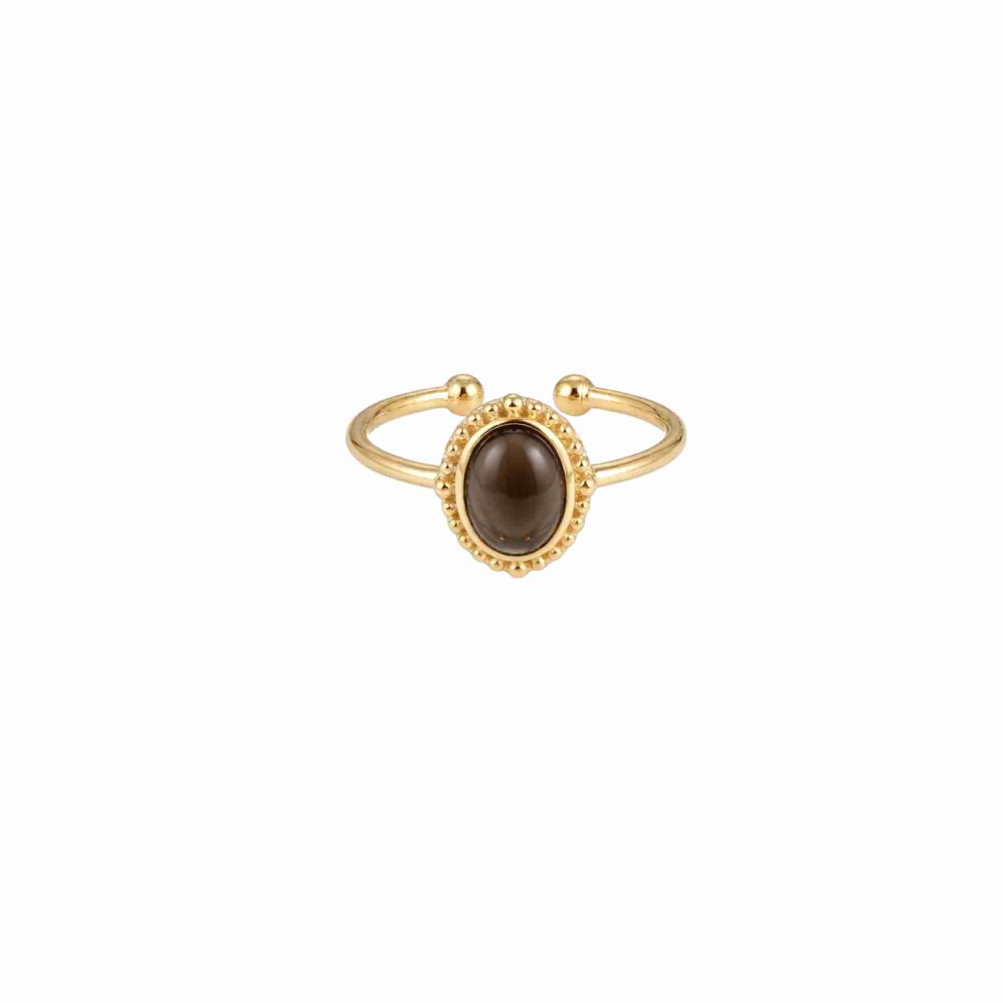 Delicate Vintage Gold Bead-Framed Smoky Quartz Adjustable Ring Gold — oval cabochon Smoky Quartz in a beaded gold bezel on an open adjustable band with ball tips — Protsaah.