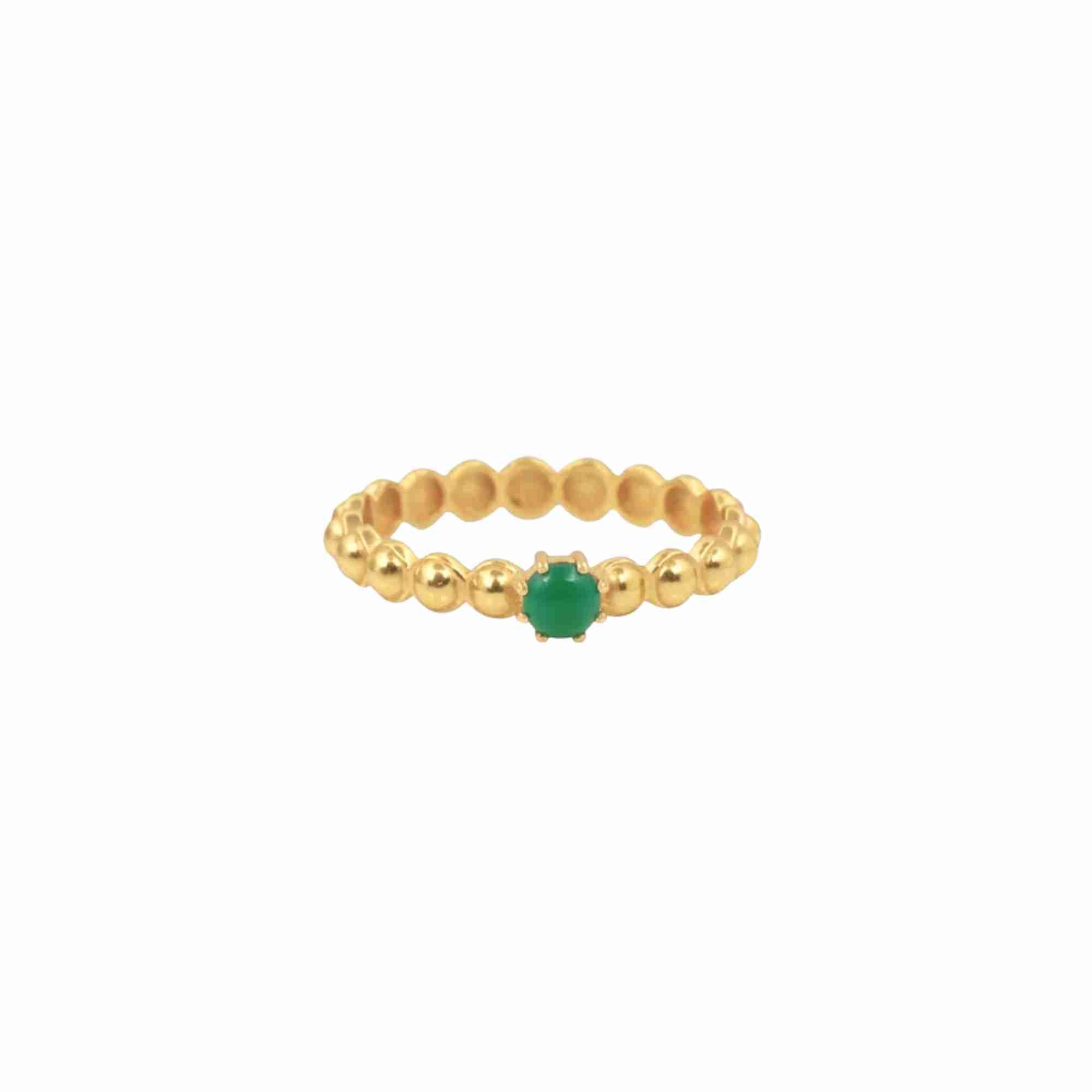 Product picture displaying a straight front view of the Delicate Vintage Green Onyx Beaded Dotted Eternity Ring Gold against a plain white background, showcasing a tiny, vibrant round-cut green Onyx gemstone set in a central bezel prong atop a slender 22K gold vermeil band sculpted with a continuous dotted bubble bead texture by Protsaah Zurich.