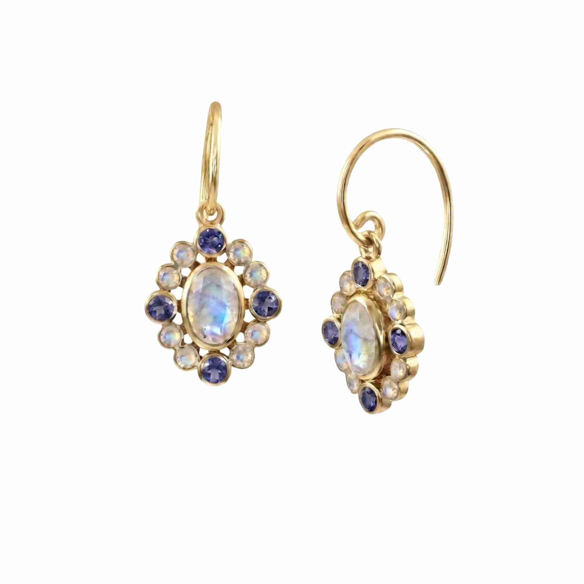 Delicate Vintage Halo Cluster Moonstone & Iolite Drop Earrings Gold — a pair of 22K gold-plated sterling silver drop earrings featuring an oval-cut natural Rainbow Moonstone center stone surrounded by an intricate, scalloped halo cluster of small round-cut iolite and moonstone gemstones suspended from delicate French hooks — Protsaah.