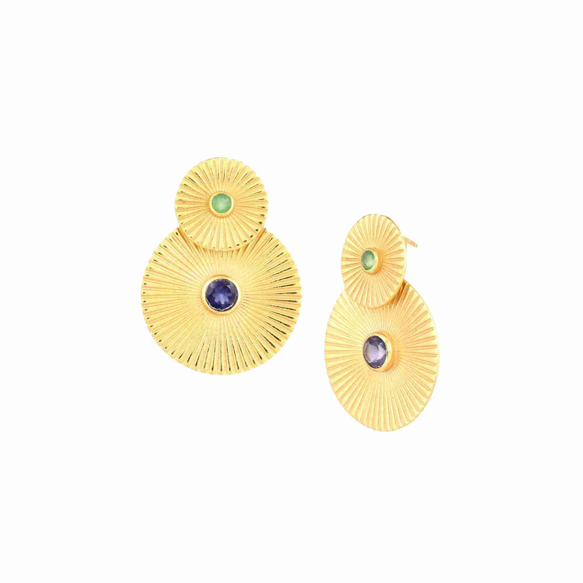 Delicate Vintage Nephrite & Iolite Double Sunray Earrings Gold — elegant 22K gold vermeil stacked drop earrings featuring a smaller green nephrite sunburst disc and a larger blue iolite sunray medallion by Protsaah Zurich.