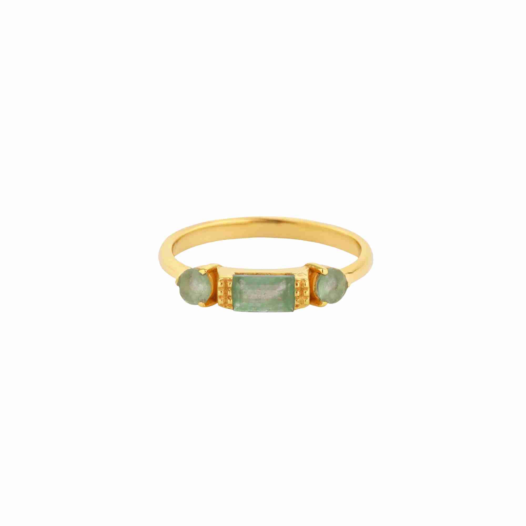 Front-facing view of the Delicate Vintage Nephrite Three-Stone Ring featuring a central baguette-cut nephrite flanked by two round nephrite side stones on a thin open-shank gold band.