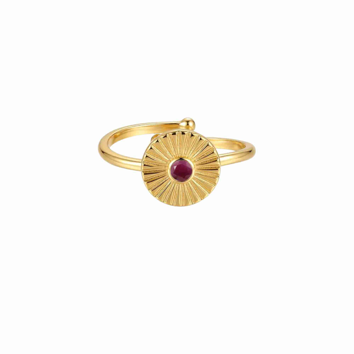Delicate Vintage Ruby Jade Fluted Disc Ring Gold — an adjustable gold-plated bypass ring featuring a radially etched sunray disc centered with a round red ruby jade stone by Protsaah Zurich.