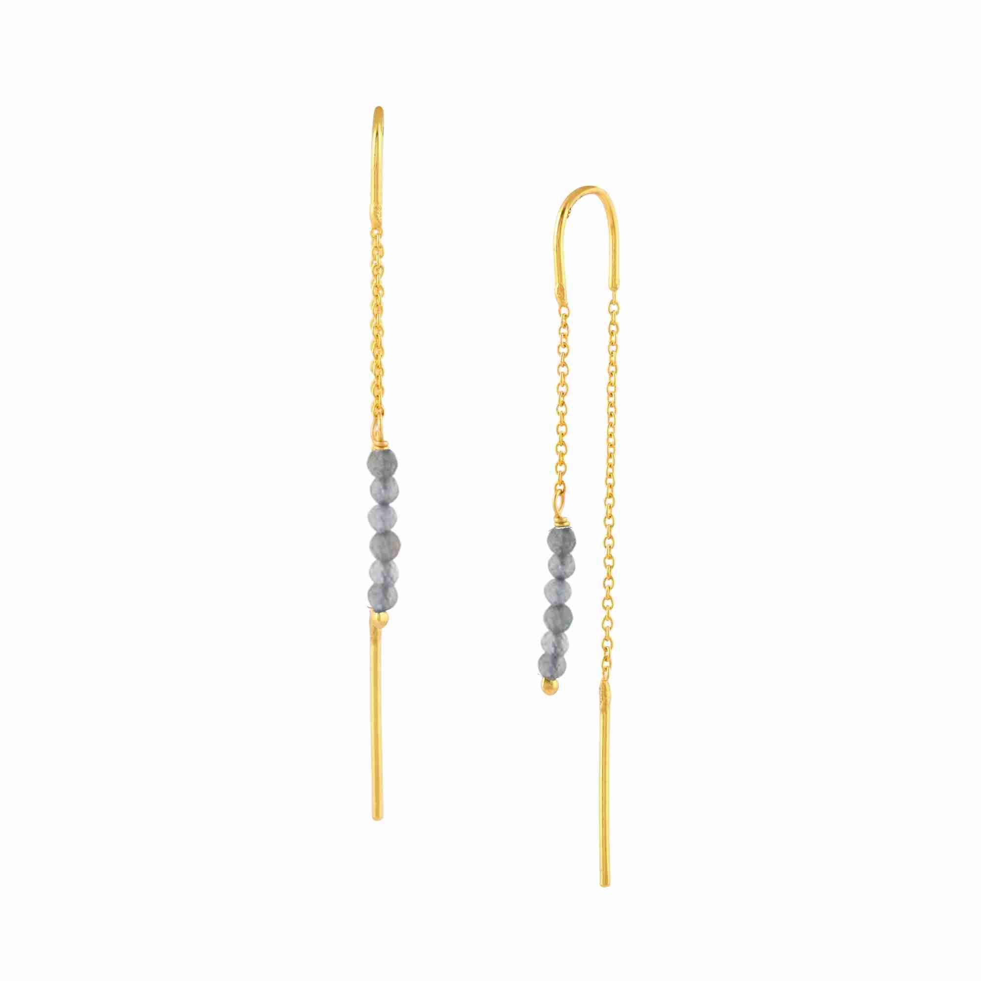 Delicate Vintage Stacked Labradorite Beads Threader Earrings Gold — graduated iridescent labradorite bead drops on a delicate gold chain threader in 22K gold vermeil by Protsaah Zurich.