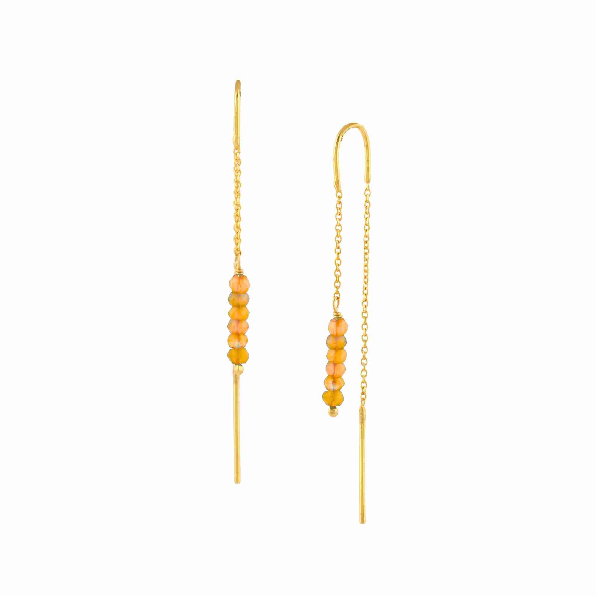 Delicate Vintage Stacked Orange Carnelian Beads Threader Earrings Gold — graduated orange carnelian bead drops on a delicate gold chain threader in 22K gold vermeil by Protsaah Zurich.