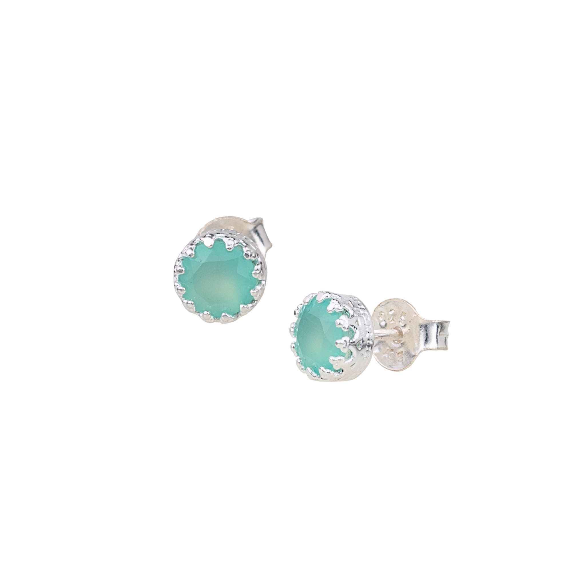 Dew Drops Aqua Chalcedony Crown Stud Earrings Silver — elegant 92.5 recycled sterling silver minimalist round stud earrings featuring a multi-prong crown bezel setting housing a faceted natural light blue aqua chalcedony gemstone by Protsaah Zurich.