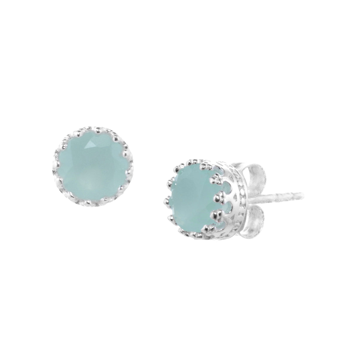Round faceted 7mm milky aqua blue aqua chalcedony stud earrings in a silver crown setting on a white background