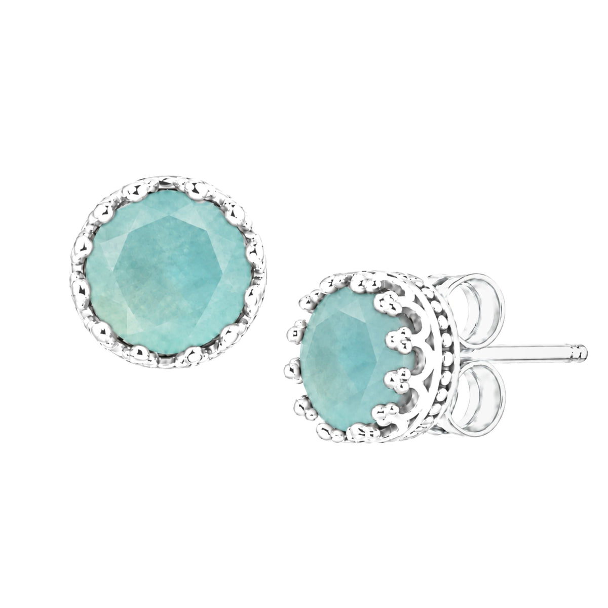 Round faceted 7mm milky aqua blue aqua chalcedony stud earrings in a silver crown setting on a white background