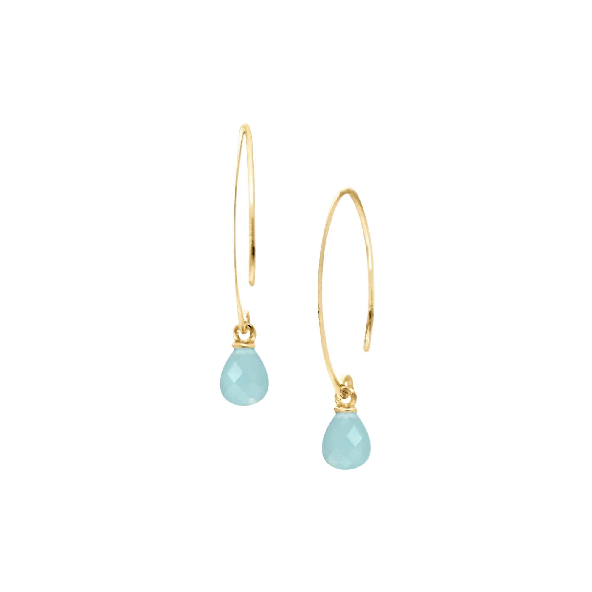 Pair of elongated, minimalist 22K gold plated 925 Silver open marquise-shaped wire hooks, each dangling a micro-faceted teardrop briolette charm made of natural translucent seafoam Aqua Chalcedony gemstone with bright minty blue-green hue against a plain white background — Protsaah Zurich.