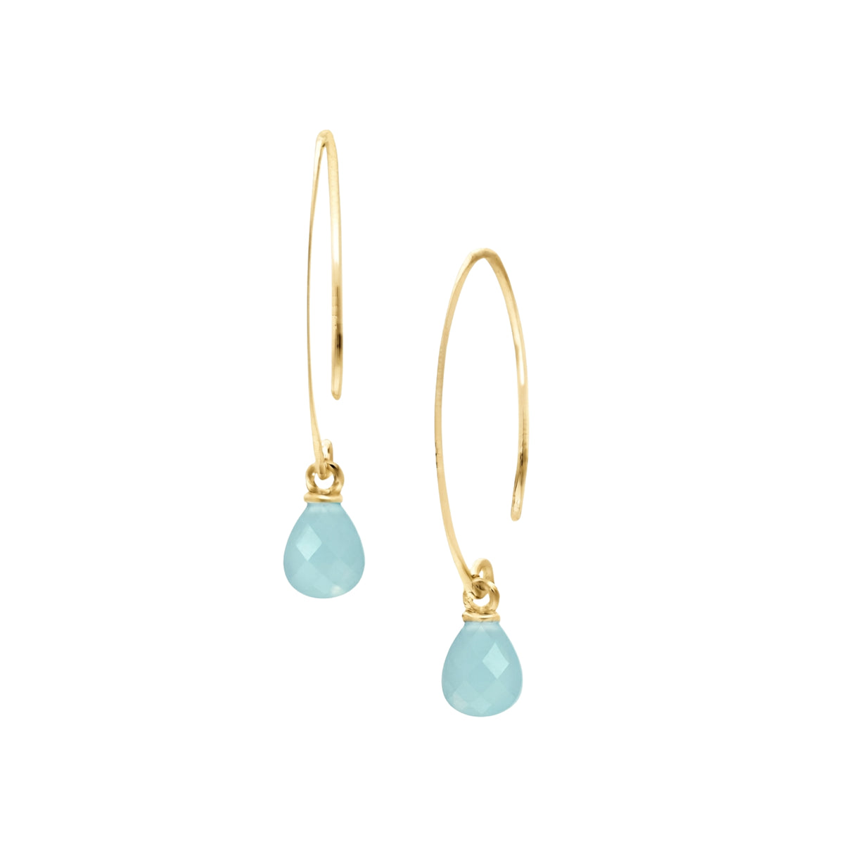 Pear briolette aqua chalcedony drop earrings on long open gold arc hooks on a white background