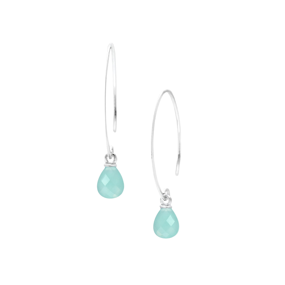 Pear briolette aqua chalcedony drop earrings on long open silver arc hooks on a white background
