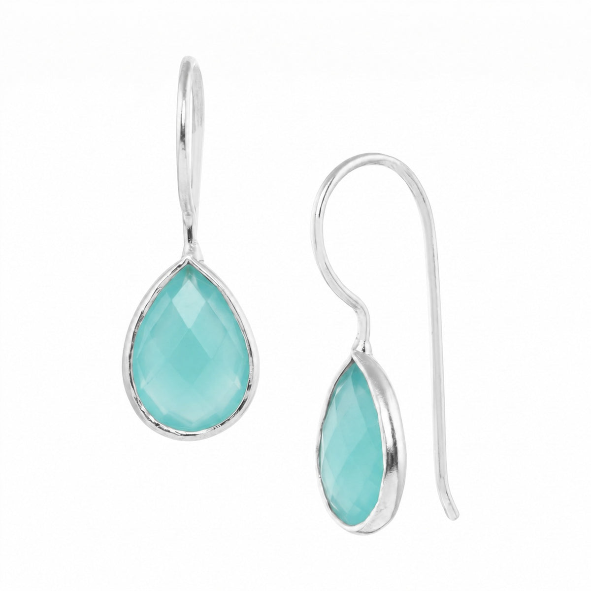 Faceted 7 x 10mm aqua chalcedony teardrop drop earrings in a silver bezel on wire hooks on a white background