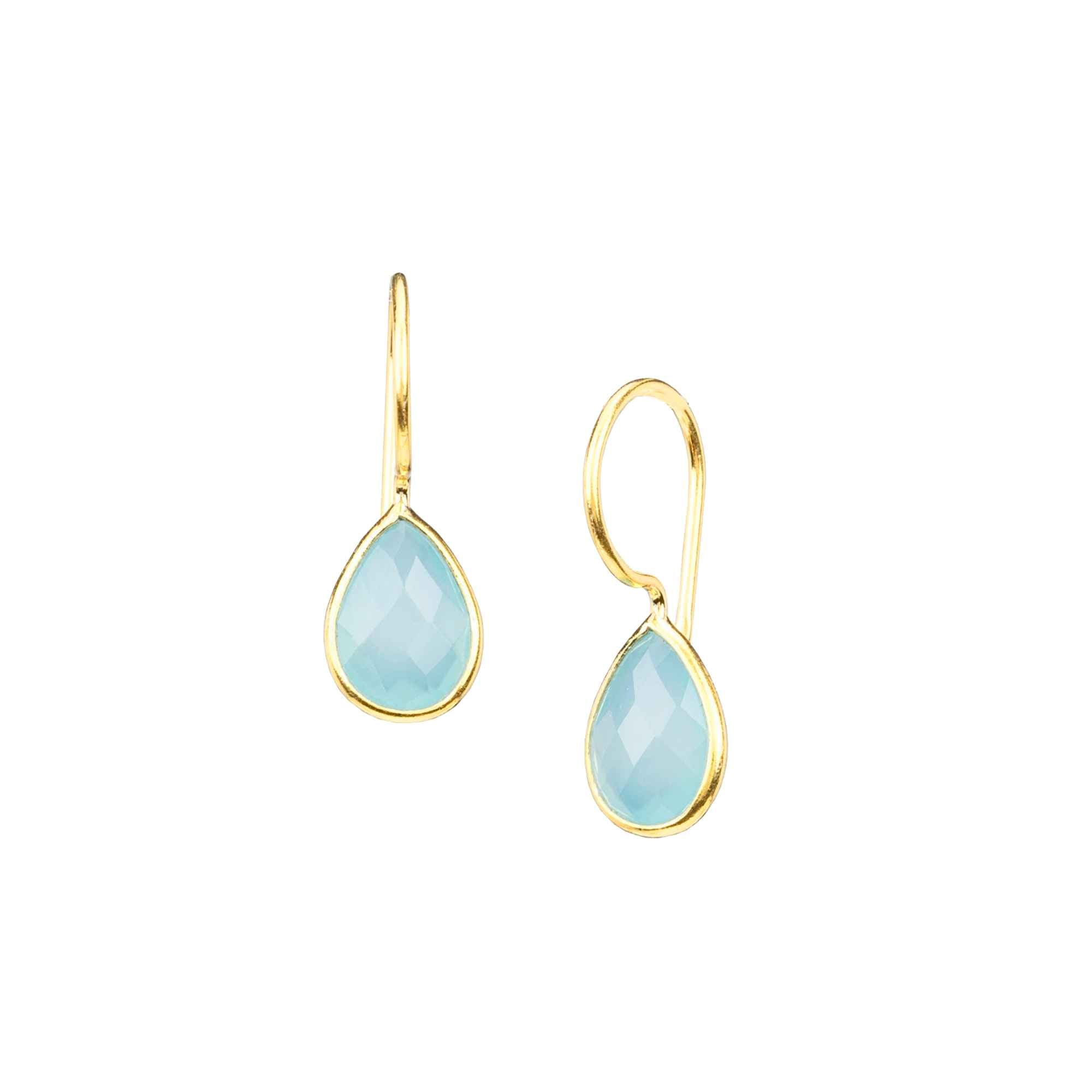 A pair of gold teardrop drop earrings with faceted light-blue aqua chalcedony stones on a sleek continuous curved ear hook in high-shine 22K gold finish. It is in gold bezel setting with french wire hooks, studio shot on white background — Protsaah.