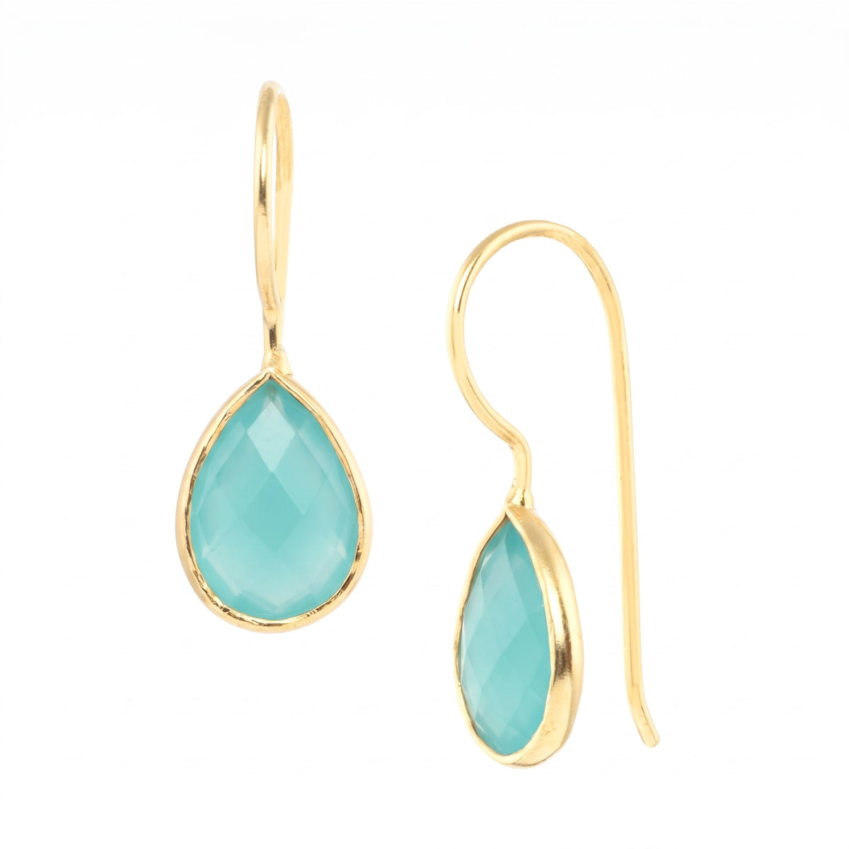 Faceted 7 x 10mm aqua chalcedony teardrop drop earrings in a gold bezel on wire hooks on a white background