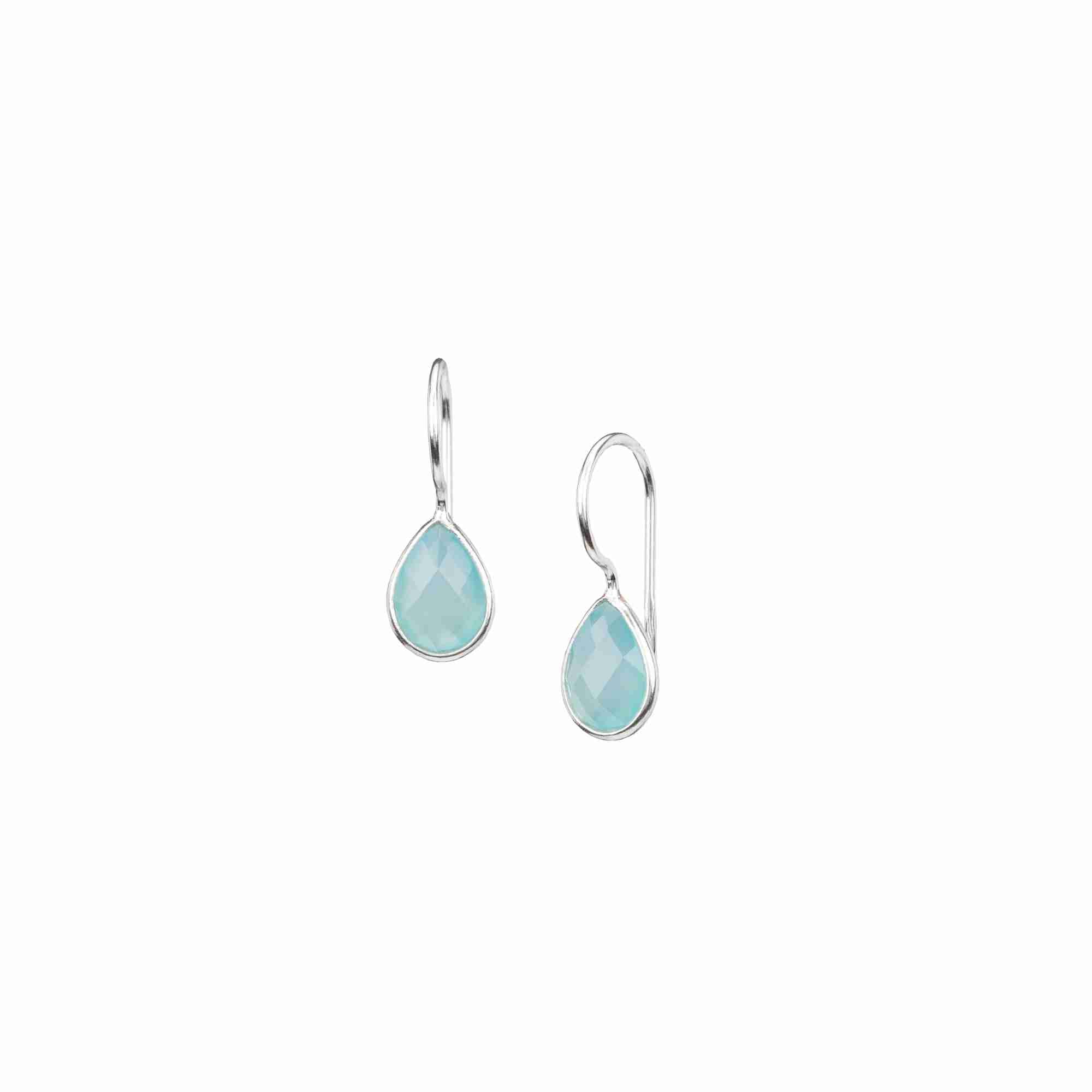 Dew Drops Aqua Chalcedony Teardrop Earrings Drop Earrings Silver — elegant 92.5 recycled sterling silver hook earrings featuring a faceted pear-cut translucent soft blue aqua chalcedony gemstone in a polished silver bezel setting by Protsaah Zurich.
