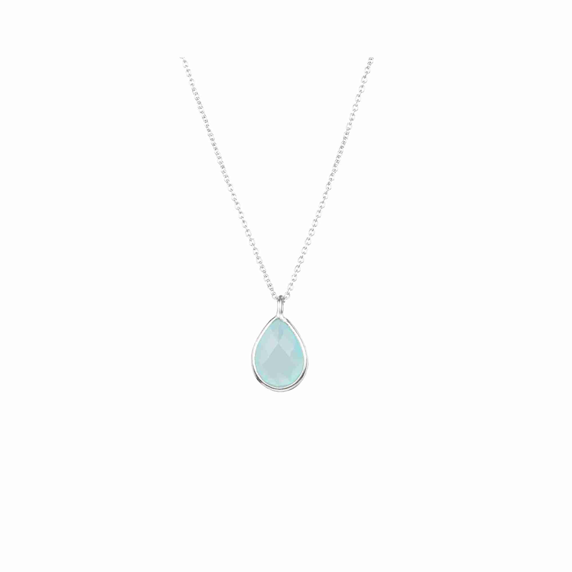 Dew Drops Aqua Chalcedony Teardrop Pendant Necklace Silver — sea-blue aqua chalcedony teardrop pendant on a 92.5 recycled silver chain by Protsaah Zurich.