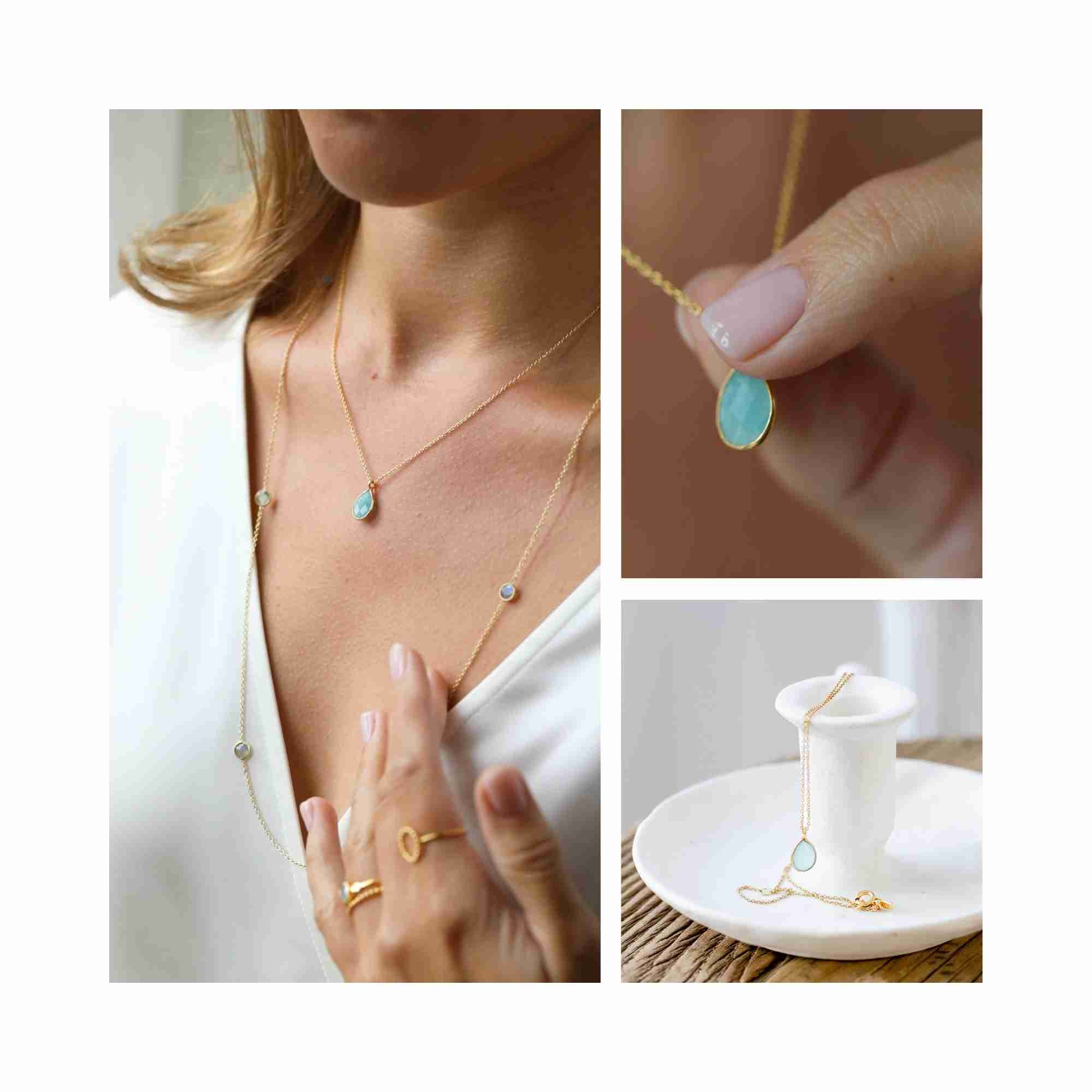 Styling collage of Dew Drops Aqua Chalcedony Teardrop Pendant Necklace — multiple views of the aqua chalcedony pendant in silver and gold by Protsaah Zurich.