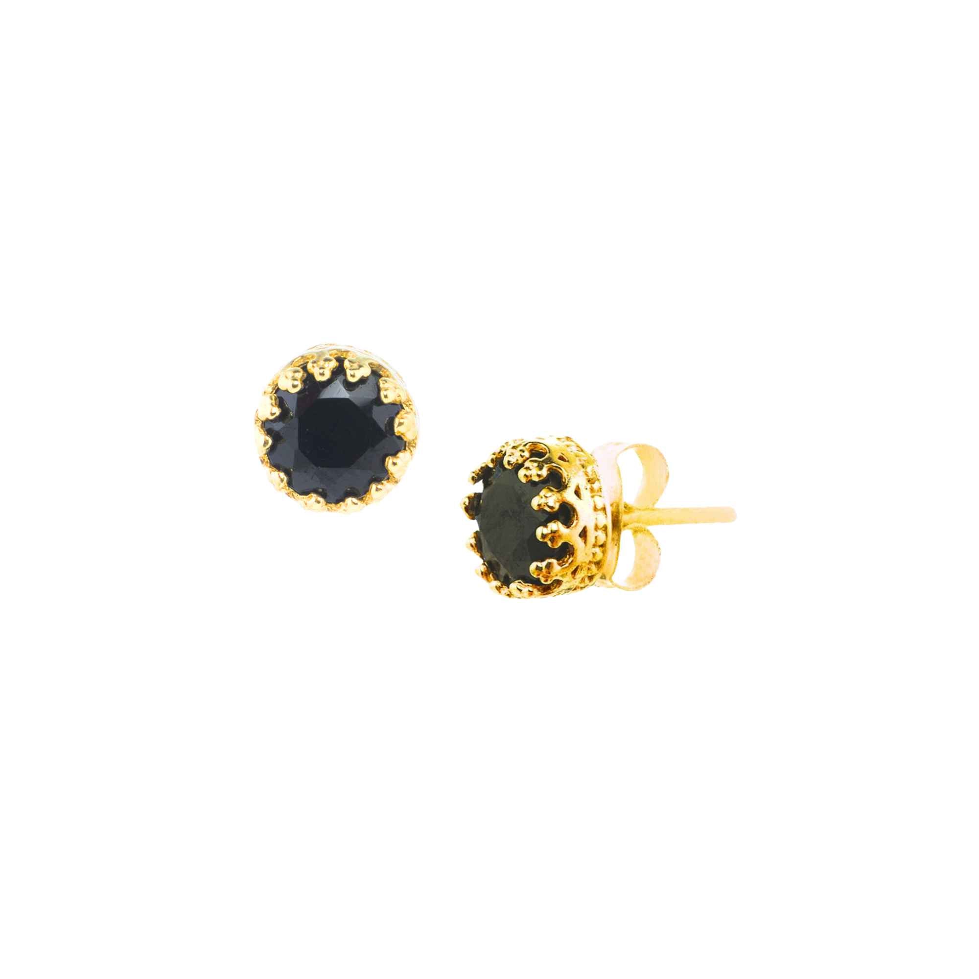 faceted deep black Onyx gemstones nestled inside handcrafted royal crown-style decorative bezel prongs in warm 22K gold plated 925 Silver over recycled silver with secure post-and-butterfly backs by Protsaah Zurich.