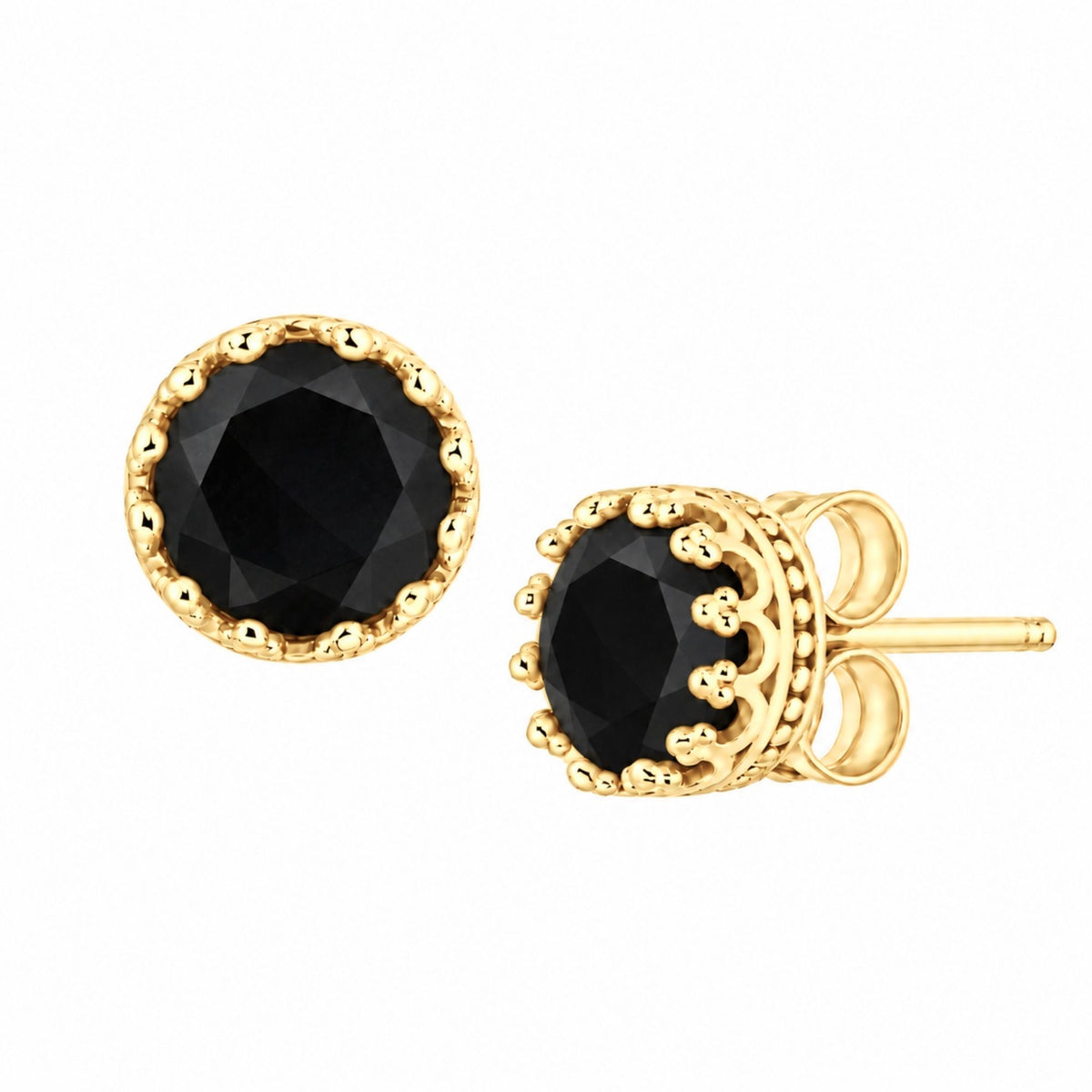 Round faceted 7mm black onyx stud earrings in a gold crown setting on a white background
