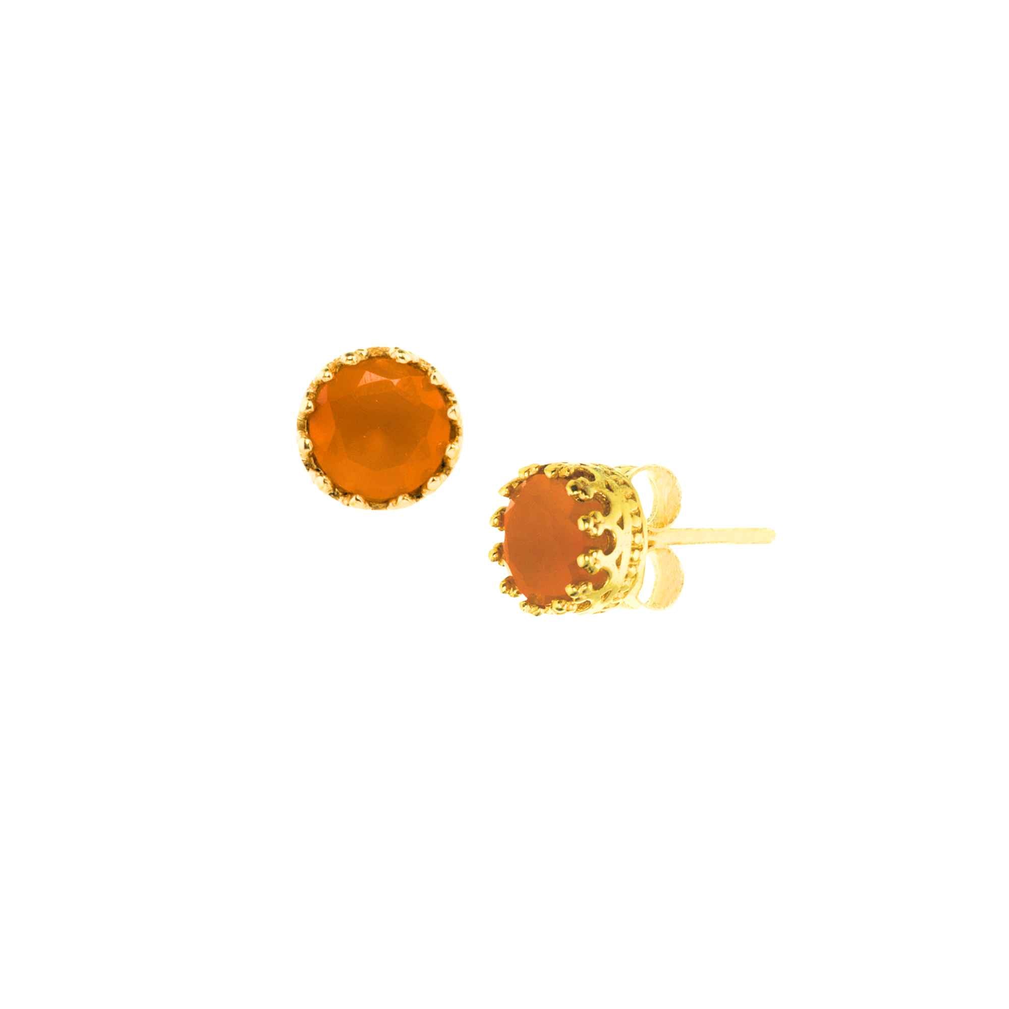 Carnelian Crown Stud Earrings in gold against a plain white background, showcasing the round faceted vibrant orange Carnelian gemstones nestled inside handcrafted royal crown-style decorative bezel prongs in warm 22K gold plated 925 Silver over recycled silver with secure post-and-butterfly backs by Protsaah Zurich.