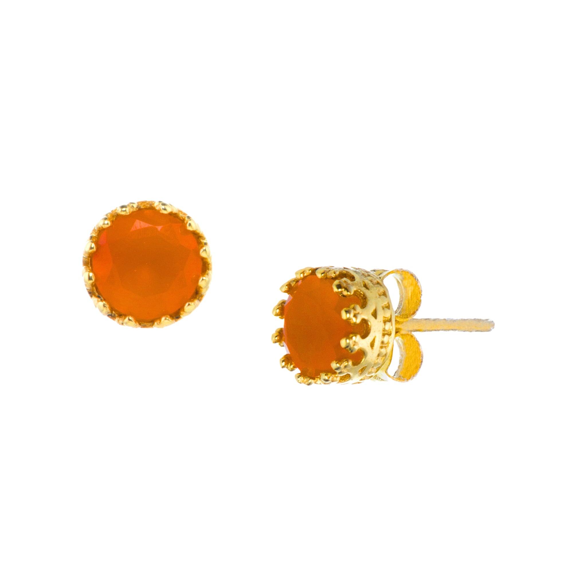 Round faceted 7mm carnelian stud earrings in a gold crown setting on a white background