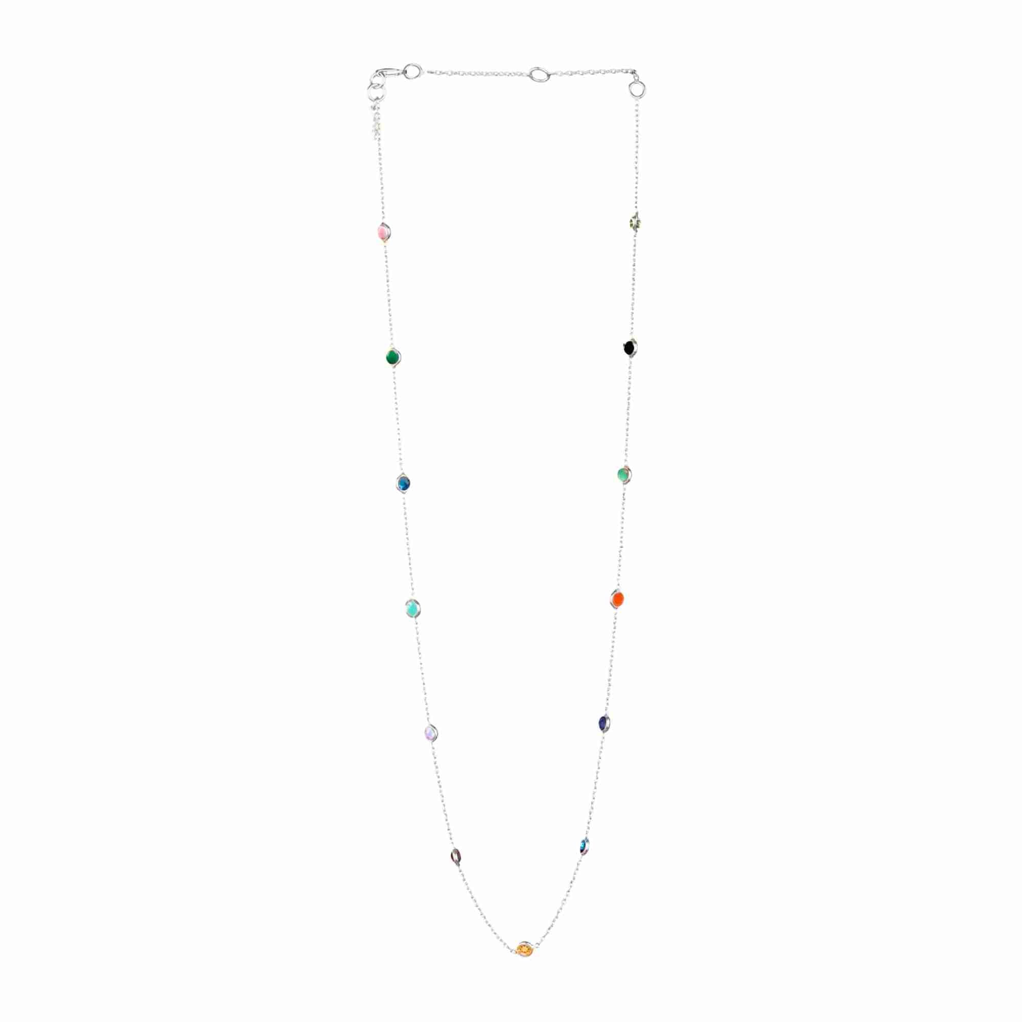 Dew Drops Multi-Gemstones Necklace Silver — colourful multi-gemstone dotted chain necklace in 92.5 recycled silver by Protsaah Zurich.